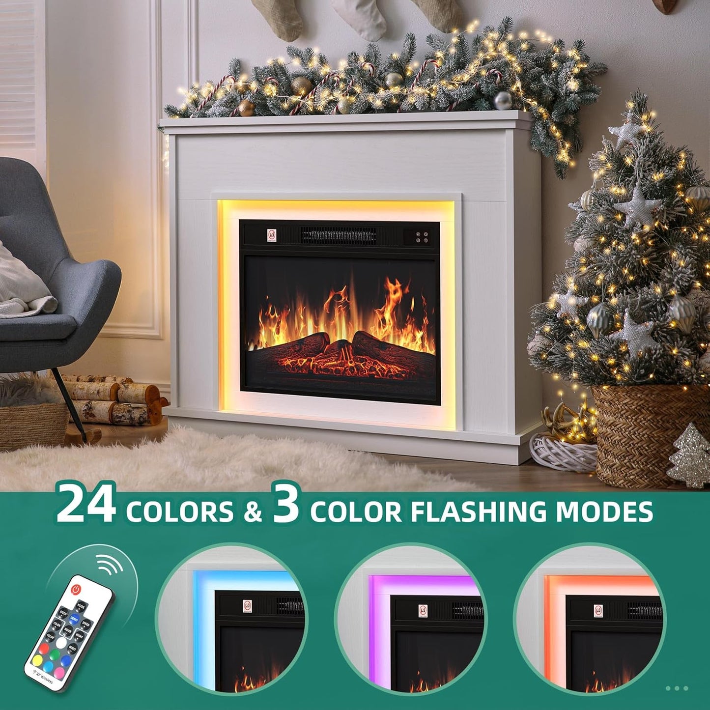YITAHOME Electric Fireplace, 23 Inch Realistic 3D Flame Effect, Heat-Free Standing Electric Fireplace with Timer and 24-Colour LED Light Strip and Remote Control
