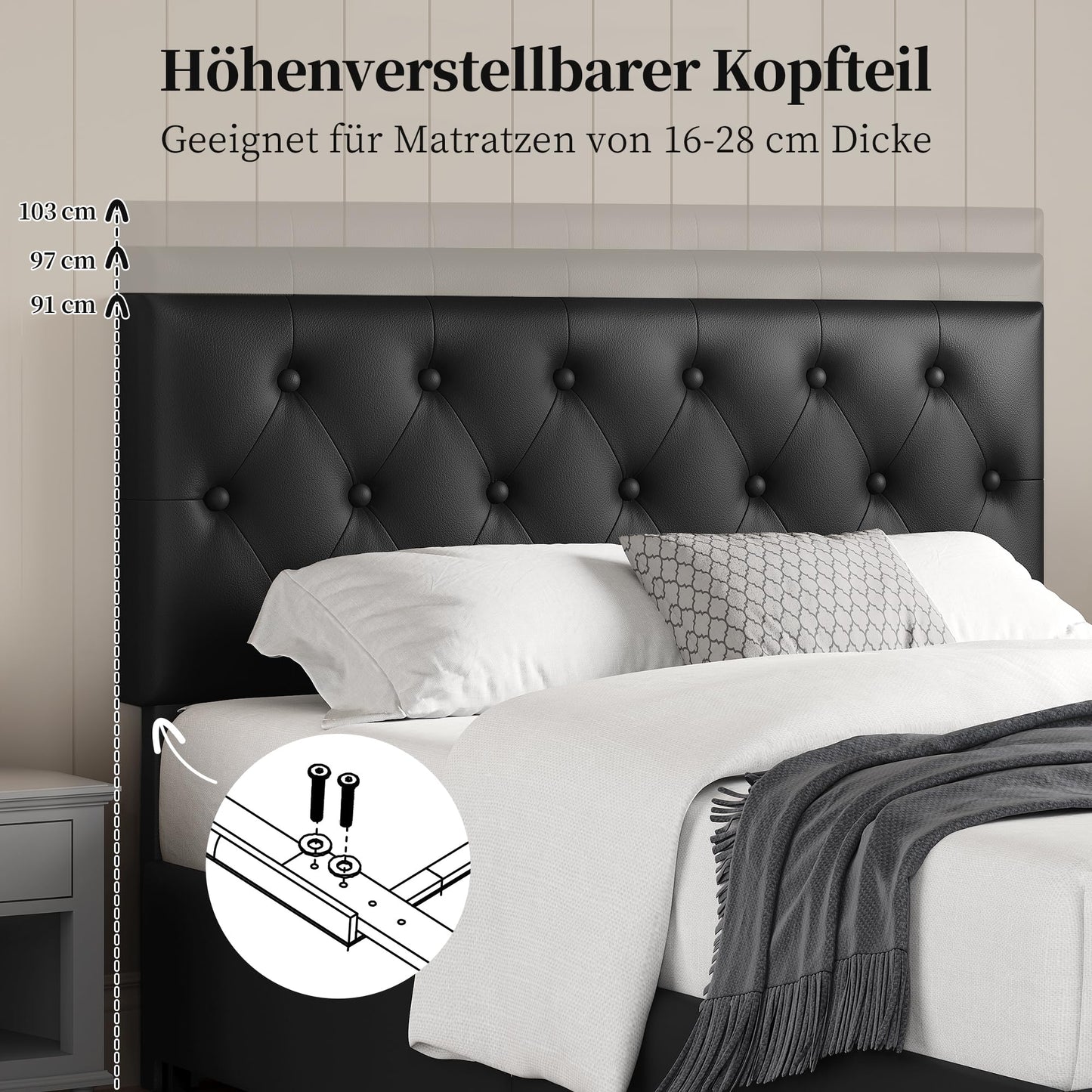 Yaheetech Polsterbett 140 x 200 cm Doppelbett Bettrahmen mit 2 Schubladen höhenverstellbares Kopfteil Gepolstertes Bett mit Lattenrost viel Stauraum, Schwarz