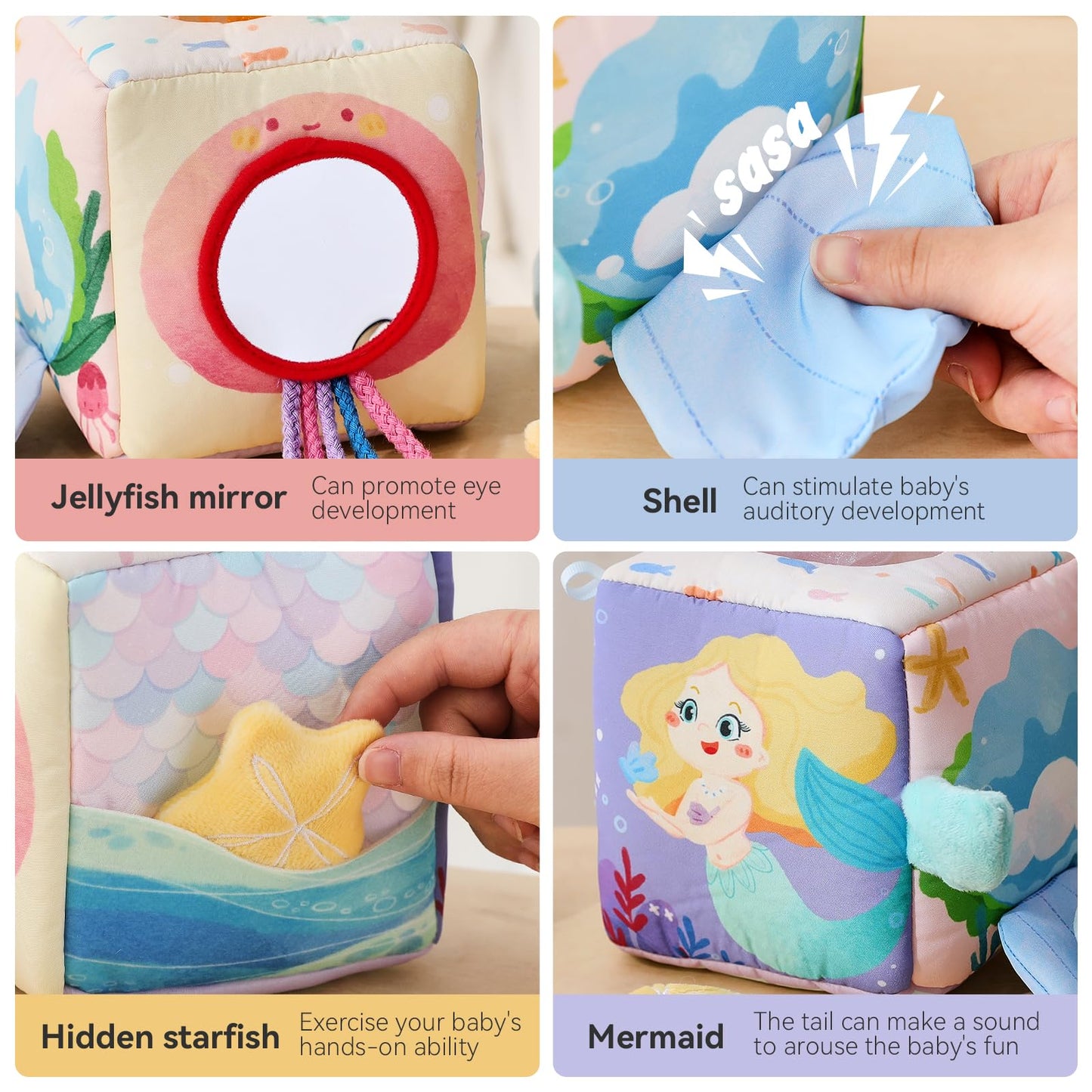 WOODEN TEETHER Tissue Box Montessori Motorikspielzeug, 6-12 Monate Sensorik Baby Spielzeug mit Spiegel, Farben, Texturen, Kinder Frühes Lernspielzeug für Jungen Mädchen Geschenke