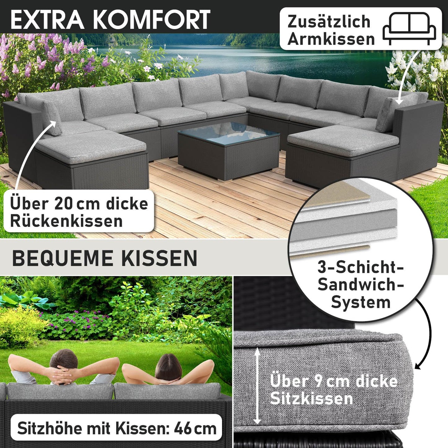 BRAST® Gartenmöbel Lounge Set XXL | 8-12 Personen viele Modelle & Farben | inkl. extra Dicke Kissen | TÜV geprüft | Outdoor Loungemöbel Sitzgruppe Essgruppe Garnitur | Dreams Grau