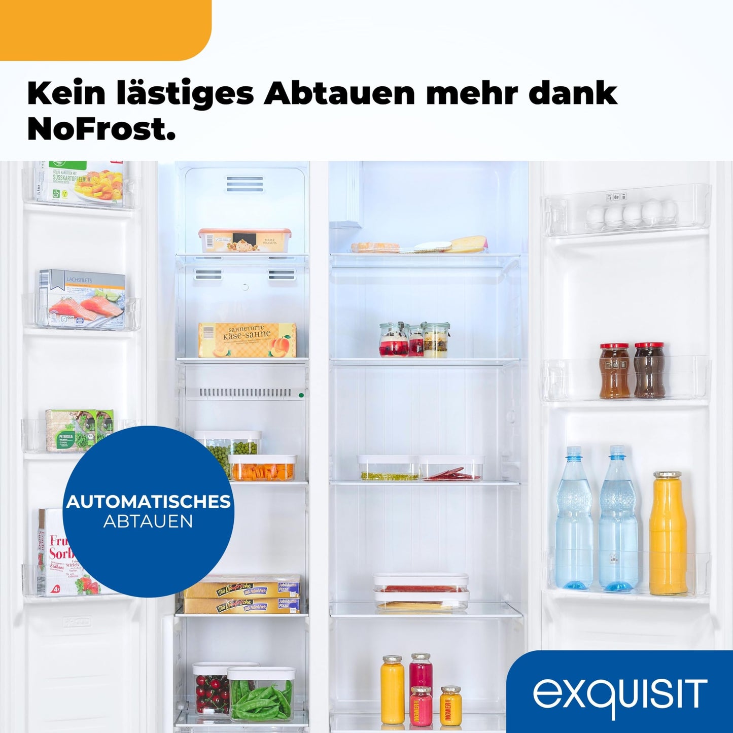 Exquisit SBS546-040E Side-by-Side Fridge-Freezer, 442 Litres, No-Frost, LED Display, 10 Shelves, Quiet Operation, 91 cm Width, White