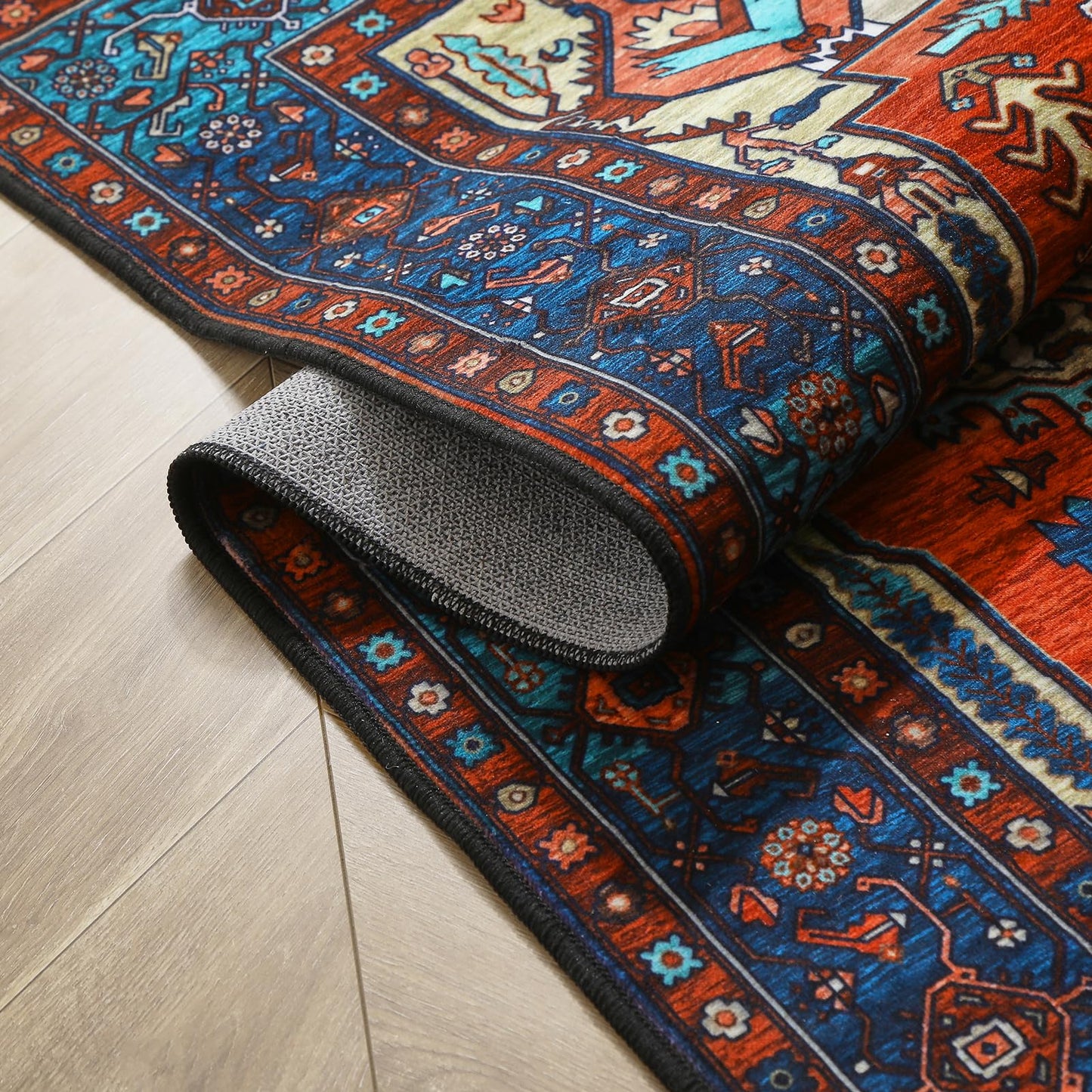 WONGS BEDDING Boho Rug Living Room Bedroom Short Pile Rugs Washable Soft Non-Slip Vintage Design