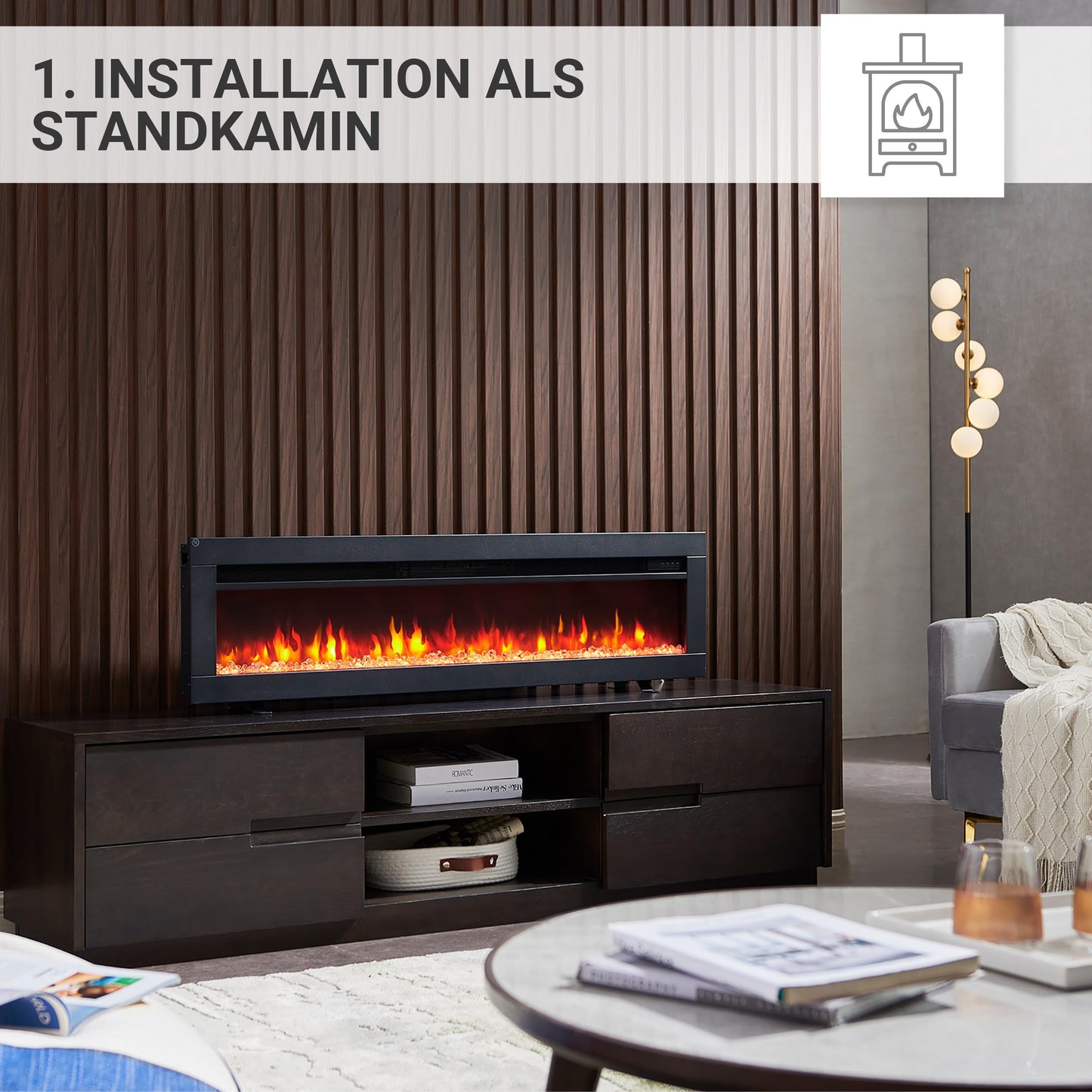 BALDERIA Elektrokamin Agnes 36" | 3in1 Elektrischer Stand-, Wand- oder Einbaukamin mit 3D-Flammeneffekt | Elektro Heizung 1800W | Kamin mit Fernbedienung, Startsteuerung, Timer & Thermostat | Schwarz