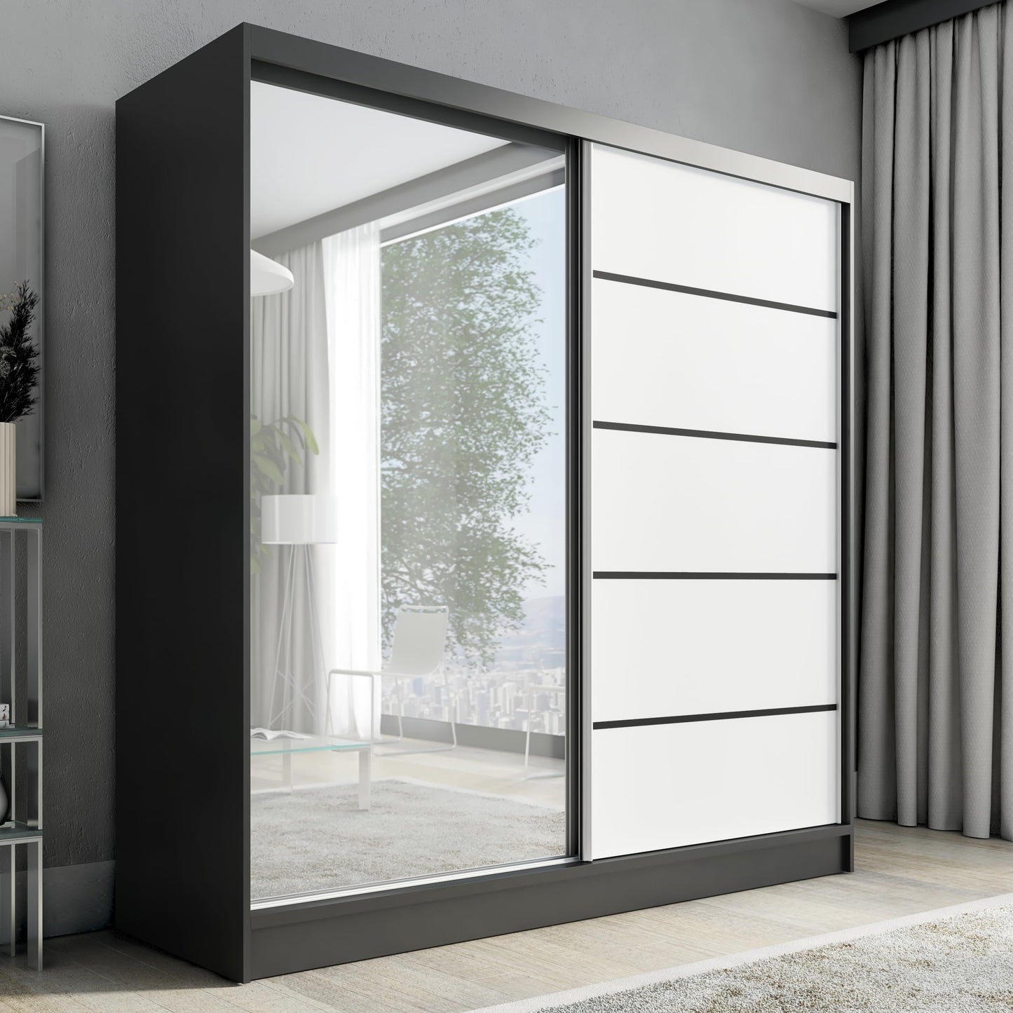 A&J MöbelLand Schwebetürenschrank mit Spiegel, 200 cm, 2 Türen, Schwarz (Schwarz)