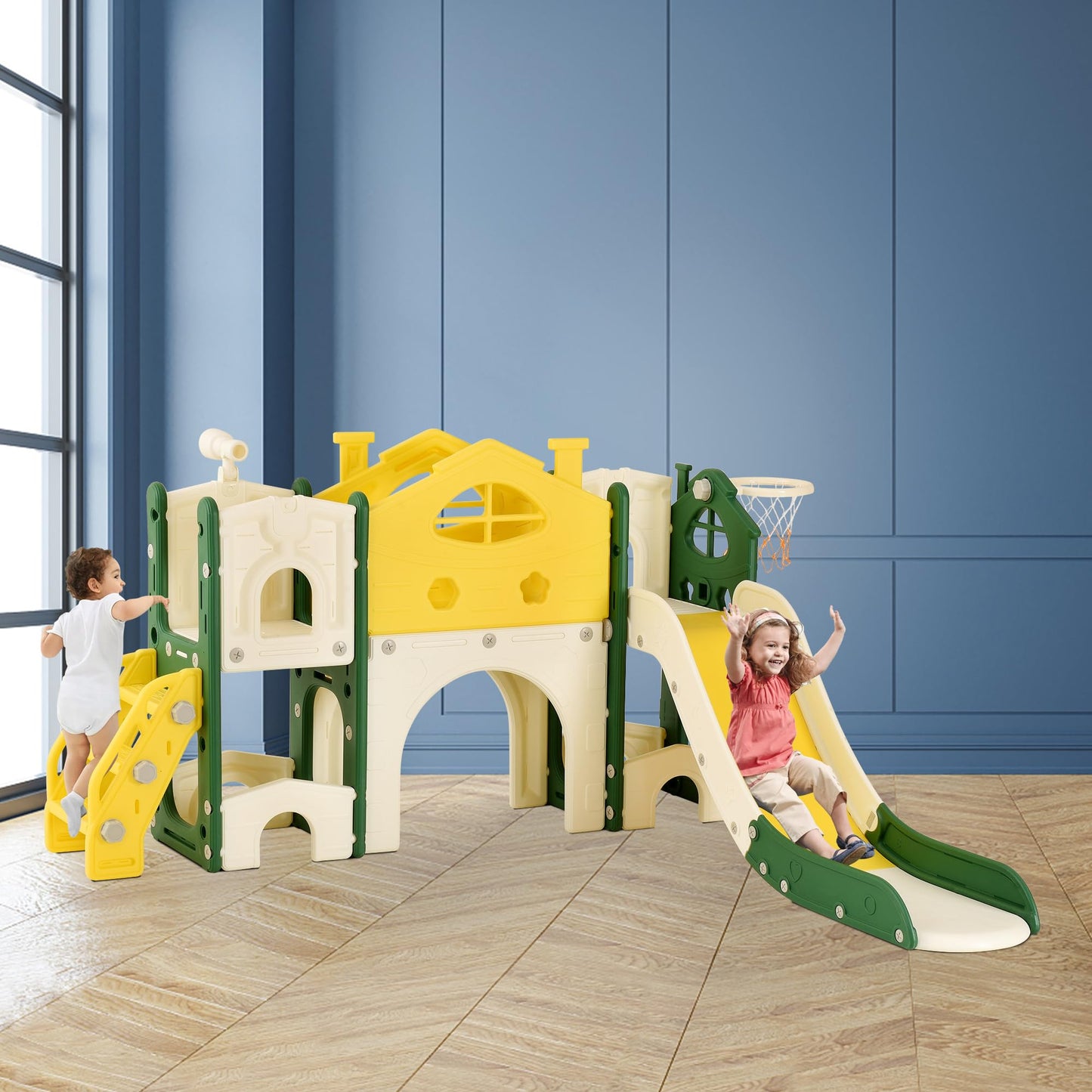 BestAlice 4 in 1 Kinderrutsche Set für Outdoor und Innen, Spielplatz mit Schaukel, Basketballkorb, Kletterleiter, Indoor- und Outdoor-Spielset, 18 Monate + (Blau)