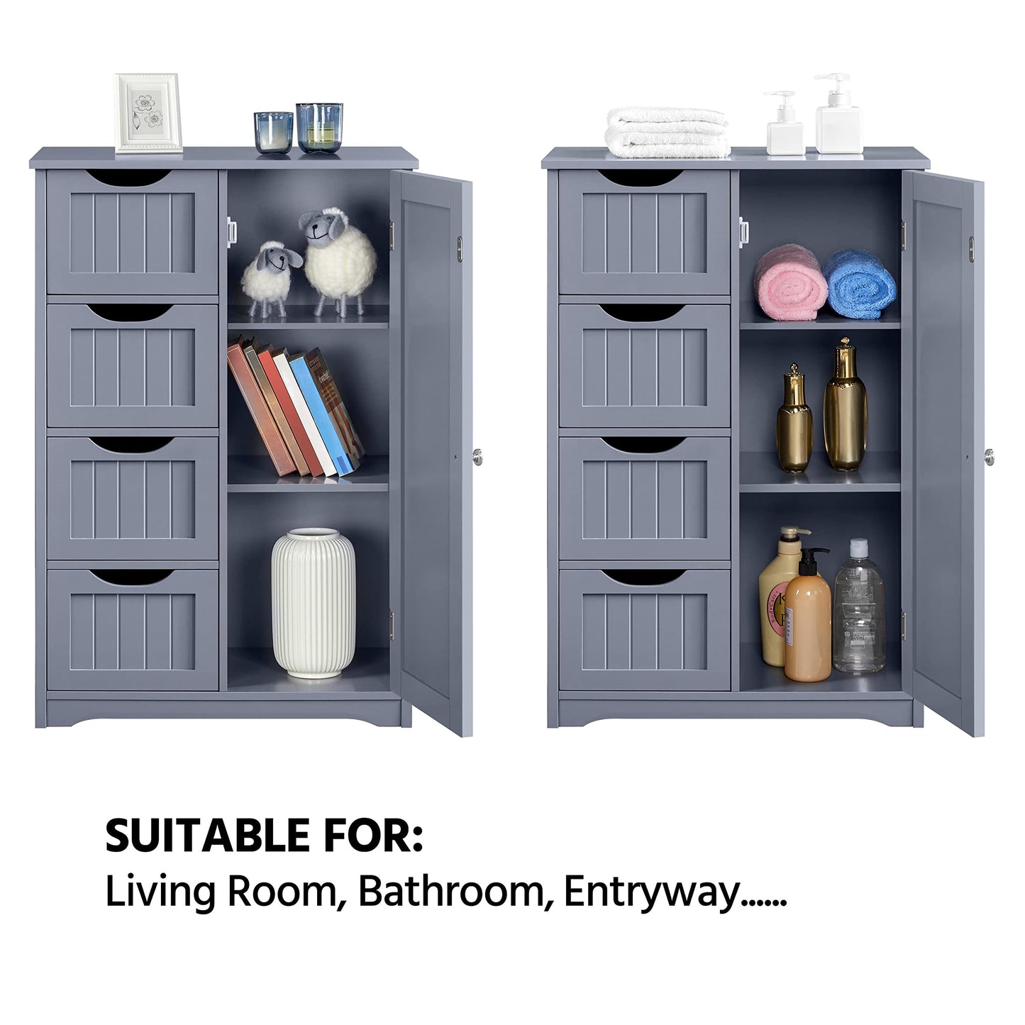 Yaheetech Bathroom Cabinet Floor Cabinet with 4 Drawers and 2 Doors Bathroom Cabinet Floor Cabinet with Height-Adjustable Shelf for Bathroom Living Room Hallway Kitchen White