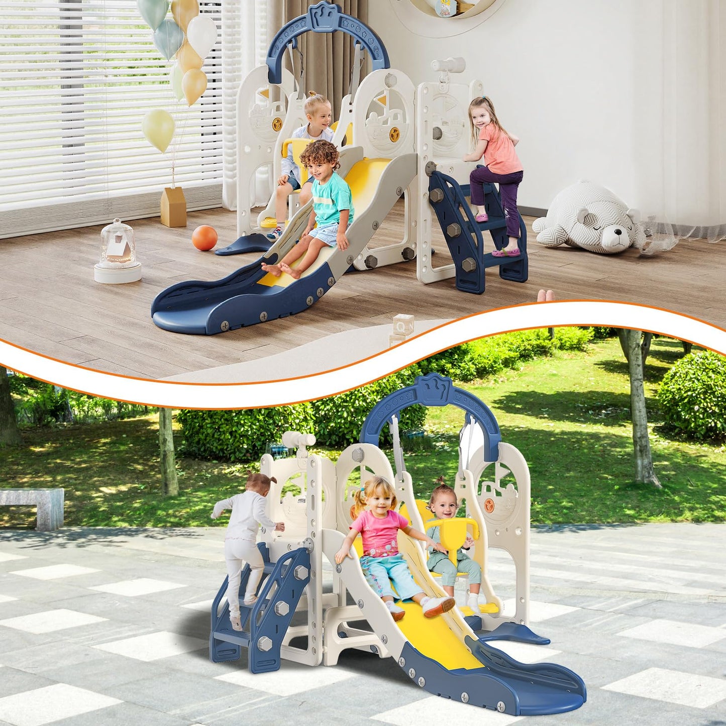 Kinderrutsche, Babyschaukel, 4 in 1, mit Schaukeln, Treppen, Gleiten, Basketballgestellen, Spielplatz für drinnen und draußen, multifunktionale Rutsche (Rosa, Kaninchen)