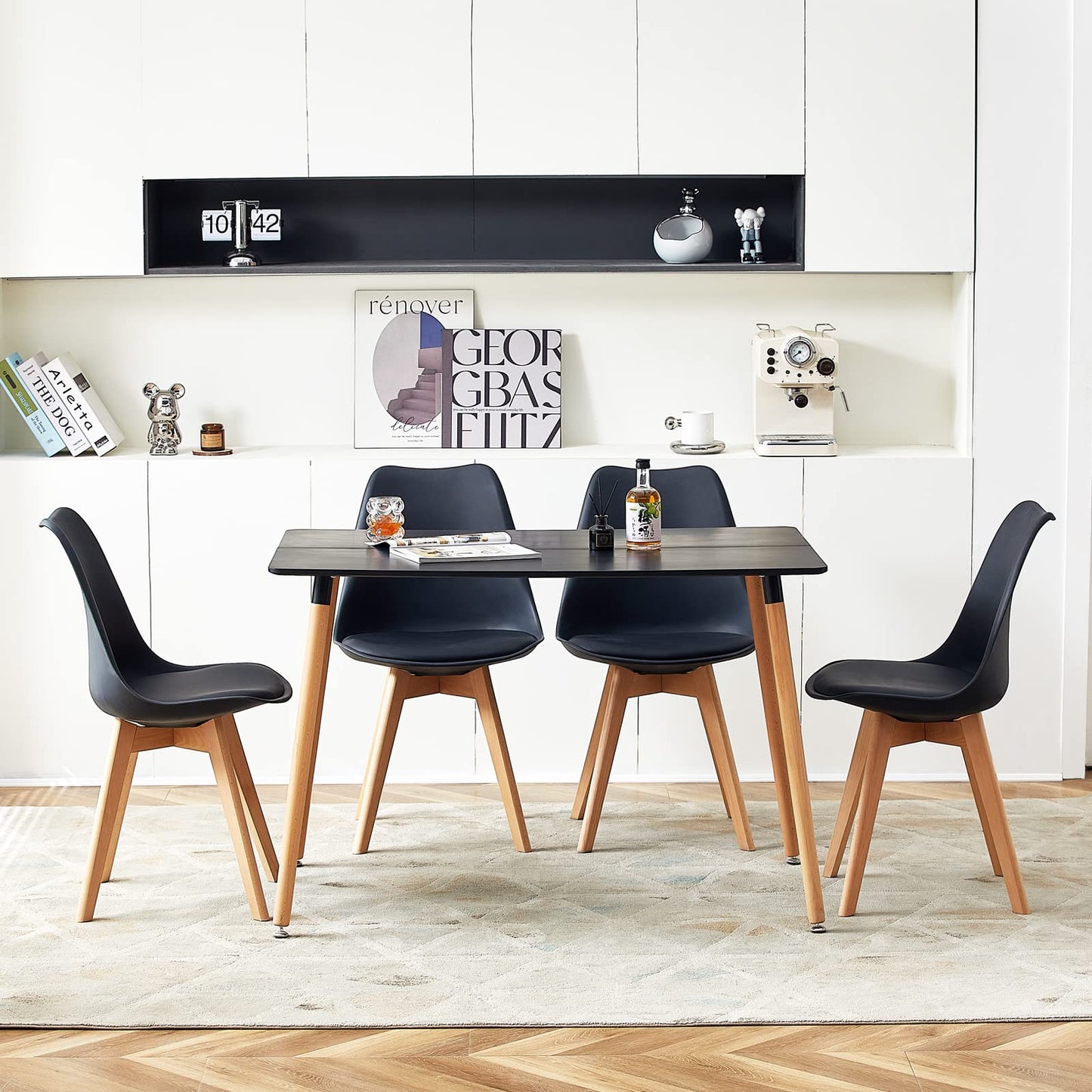 H.J WeDoo Esszimmergruppe mit 4 Essstühlen, Rechteckig Esstisch und Stühle für Esszimmer, Küche, Wohnzimmer, Weißer Esstisch und Graue Stühle