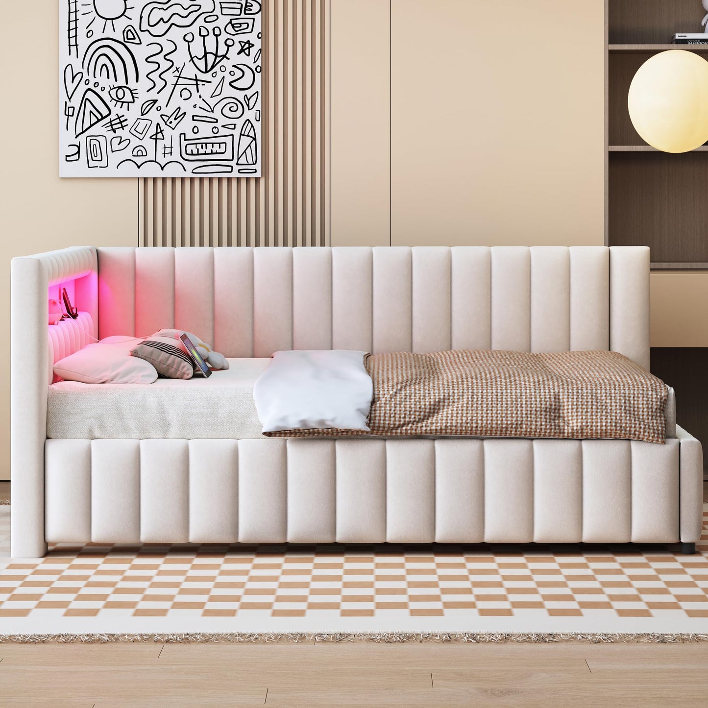 KEYIDE Upholstered Sofa Bed, 140 x 200 cm with LED Lighting and USB Charging, Bed Frame with Wooden Slatted Frame, Day Bed, Guest Bed, Youth Bed, Velvet Fabric, Without Mattress (Grey, 140 x 200)