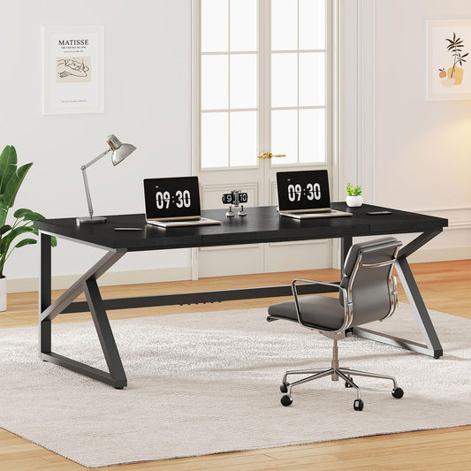 IBF Desk in Brown Colour with a Length of 70 Inches, Industrial Large Double Metal and Wood Desk for Computer, Long Office Table for Home