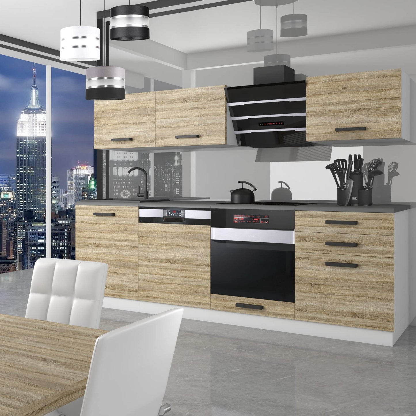 Belini Linda Kitchen Unit, Kitchen Furniture 240 cm, Fully Equipped without Electrical Appliances, with Wall Cabinets and Base Cabinets, with Worktops, Matt White