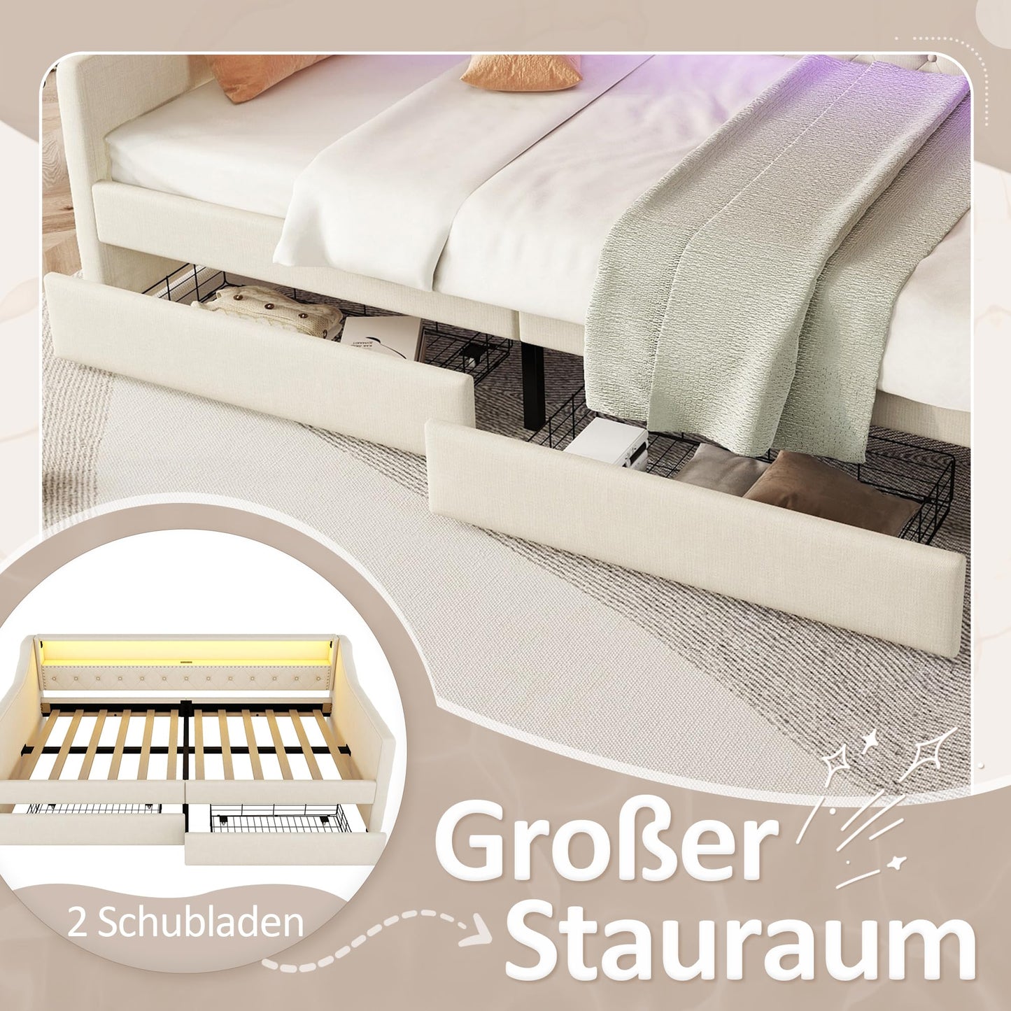 Aoskem Polsterbett Tagesbett Einzelbett 90x200 mit 2 Stauraum Schubladen, Kinderbett LED-Sofabett mit USB-Ladebuchse, Bettgestell mit Lattenrost, Jugendbett Schlafsofa, Ohne Matratze, Leinen (Grau)
