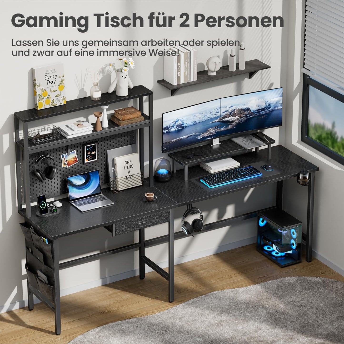 HLONONE Gaming Table with LED, 150 x 100 cm Gaming Desk, L Shape with 3 Sockets and 2 USB, Reversible Corner Desk, PC Corner Table, Computer Desk with Monitor Stand and Countertop Shelf, Black