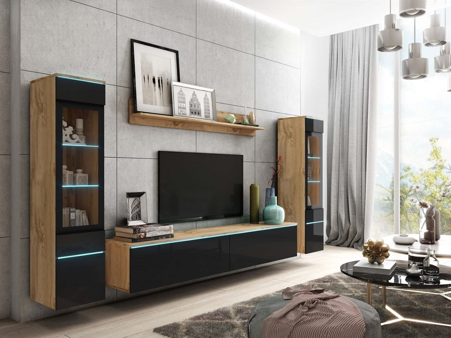 MINIO go for it Veve 2, 4-Piece Wall Unit Set, Hanging or Standing, 2 x Tall Cabinet Display Cabinets, Lowboard, Wall Board, Laminated Clamping Plate, Wotan Oak and Black Gloss, without Lighting