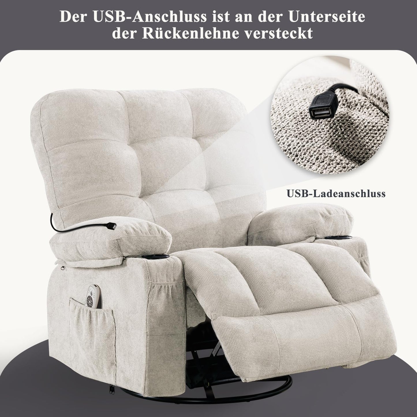 Bosmiller Relaxsessel mit Liegefunktion Massagesessel Oversize Fernsehsessel 360°Drehbarer Liegesessel Heizung Verstellbar Sessel Stoff