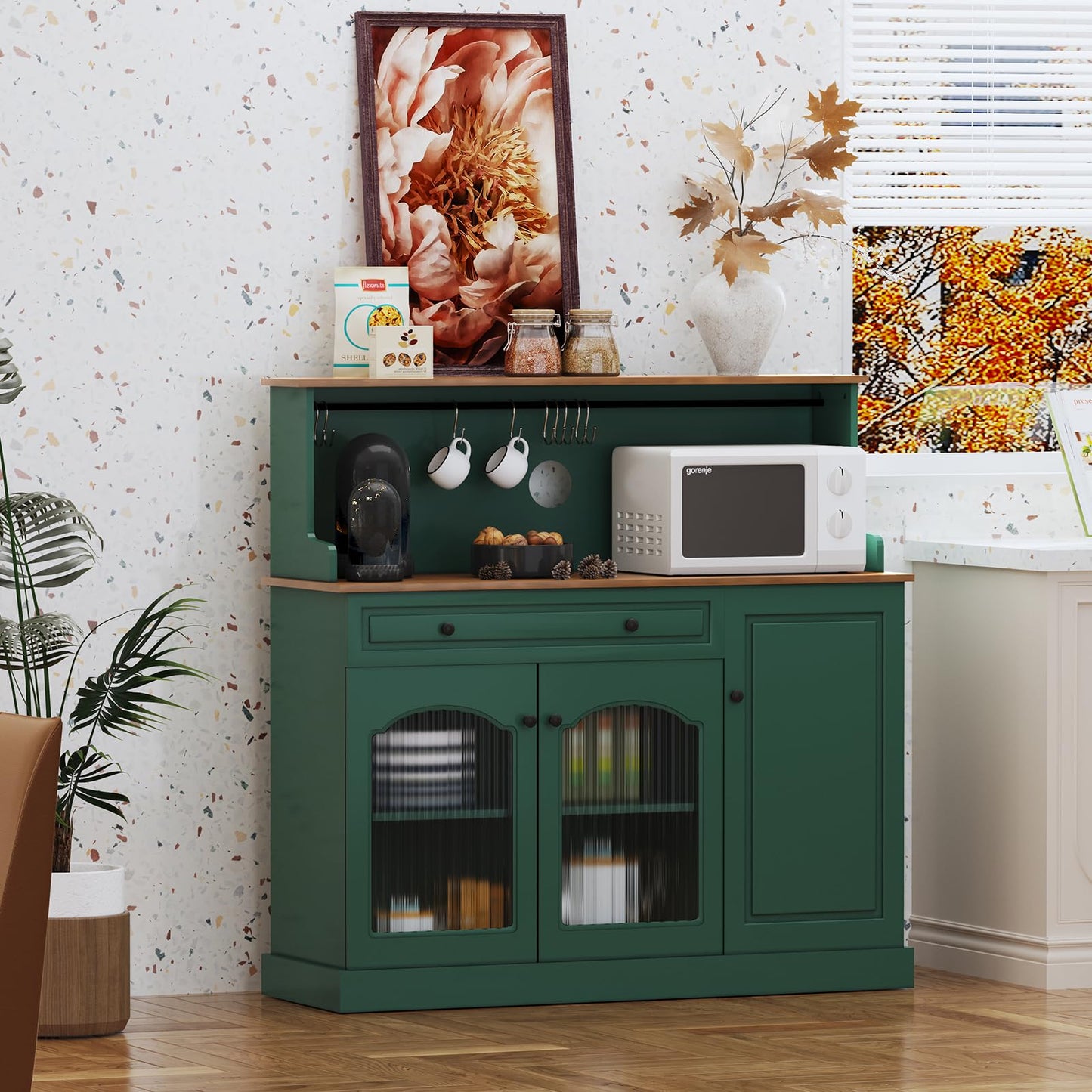 HOLTICO Küchenschrank mit Arbeitsplatte, Küchenbuffet Buffetschrank Grün, Weinschrank mit Schublade und Oberer Ablage, Kommoden & Sideboards für Wohnzimmer, Esszimmer