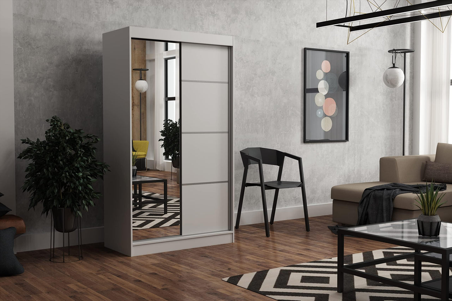 Brent - Tom Wardrobe with Mirror, 160 cm Wide, Bedroom Wardrobe with 1 Clothes Rail and Shelves for Clothes, Wardrobe Grey