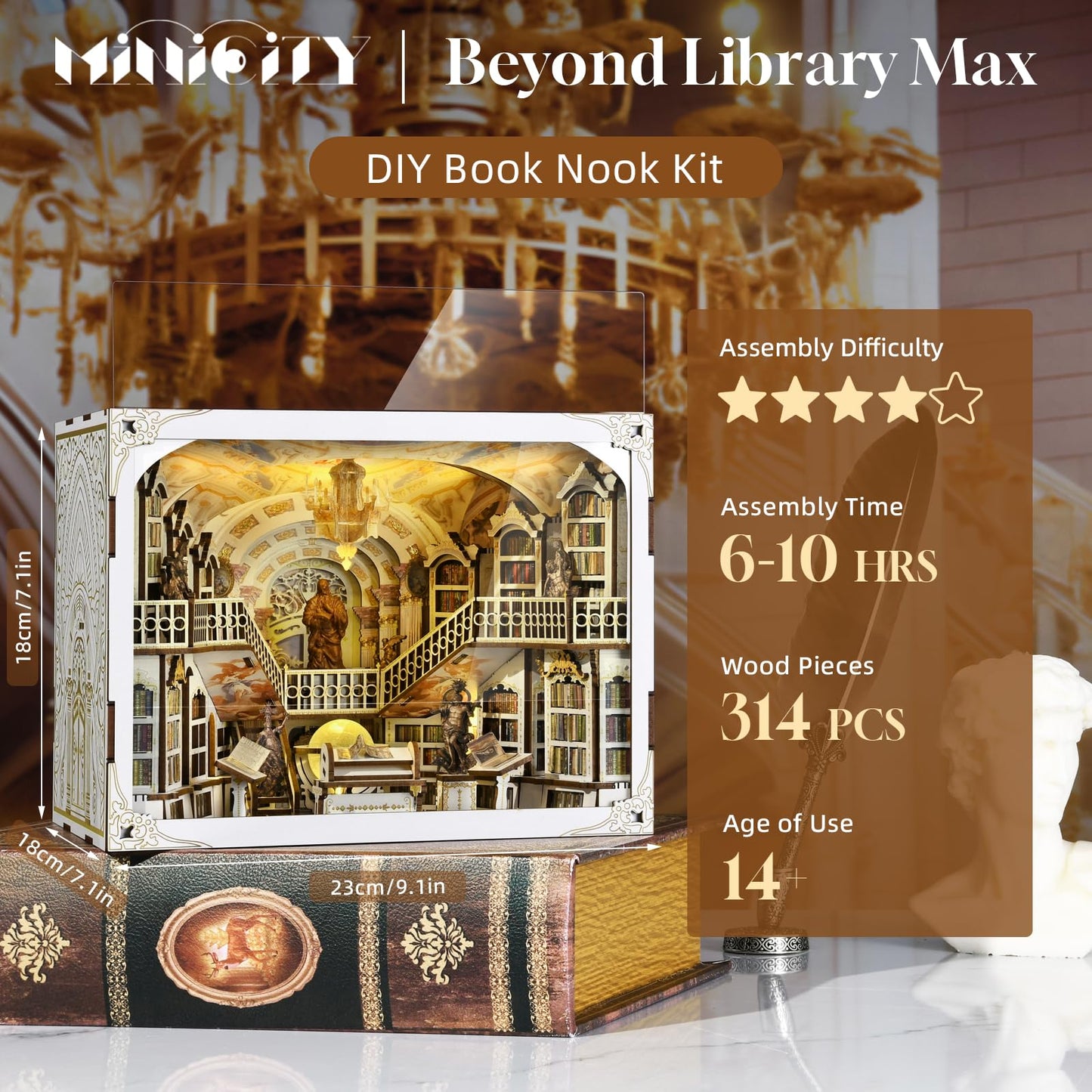 MiniCity Book Nook Kit, DIY Miniature Dollhouse Booknook Kit, 3D Wooden Puzzle Bookend Bookshelf Insert Decor for Teenagers and Adults (Library of Gods Max)