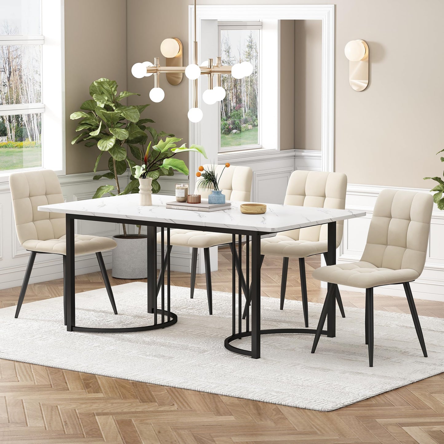 Gegtuon Esstisch mit 4 Stühlen für 4 Personen 140x80 cm, 5 teilig Tisch Rechteckig für Küche, Modern Küchentisch mit Schwarz Tischbeine, Essgruppe für Esszimmer Wohnzimmer, Leinen, Dunkelgrau