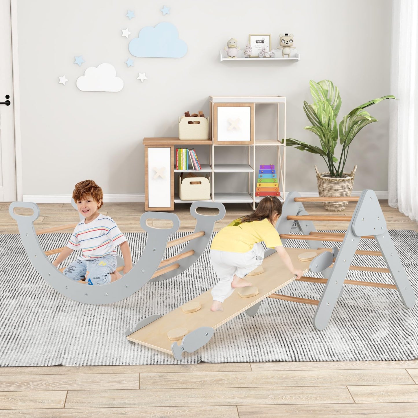 COSTWAY Kletterdreieck mit Rutsche, Kletterbogen, inkl. doppelseitige Rampe, zum Klettern, Rutschen und Wippen, 4 in 1 Klettergerüst Indoor ab 1 Jahr (Macaron bunt)