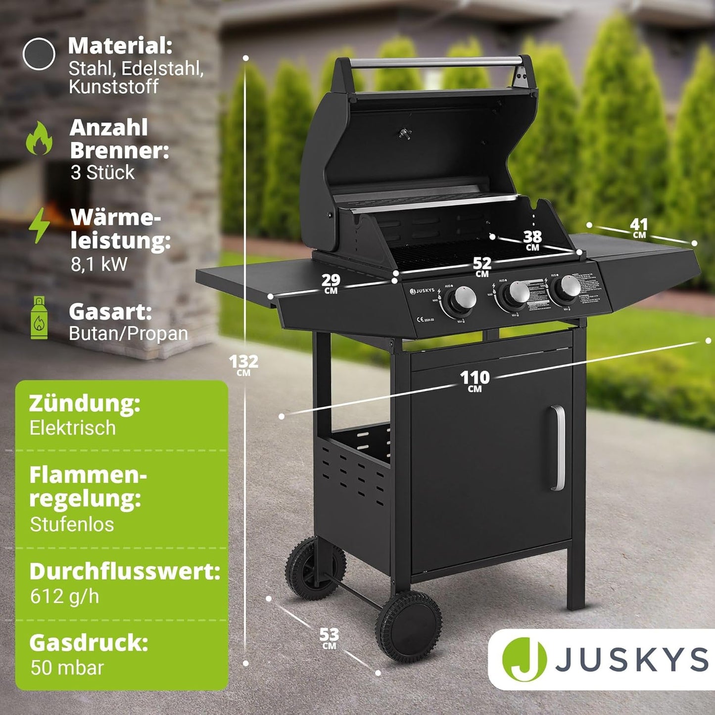 Broilcue Louisiana BBQ Gas Barbecue 3 Burners 8.1 kW Gas Grill Trolley incl. Grill Grate, Lid with Grill Thermometer, Warming Rack and Side Shelves