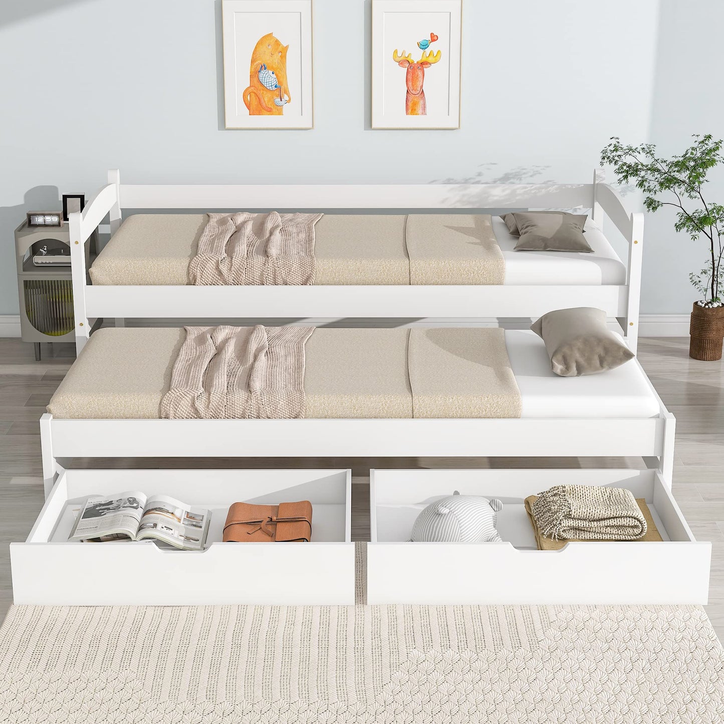 TZCIN Kinderbett 140x200 cm Doppelbett, Holzbett mit Stauschrank, Bücherregal, Regal und Schubladen, Flachbett Stauraumbett Funktionsbett Jugendbett, Bettgestell mit Lattenrost, Ohne Matratze, Weiß