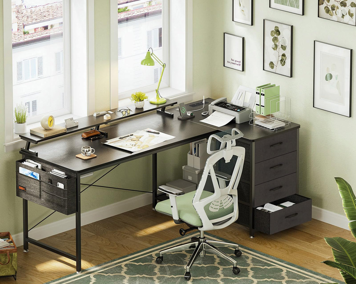 ODK Eckschreibtisch mit 4 Stoff Schubladen, 160x80cm Reversible Schreibtisch L Form mit 2 Steckdosen und 2 USB Ladeanschluss, Gaming Tisch L Form mit LED&Monitorständer für Home Office, Schwarz