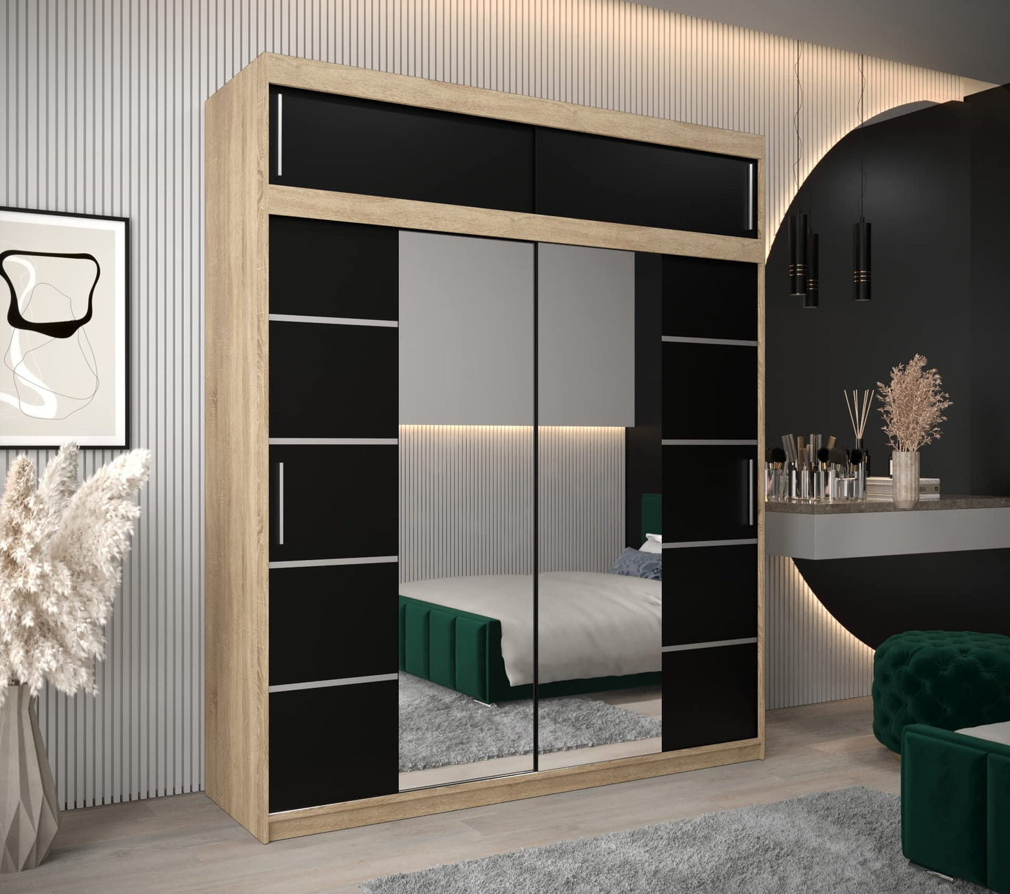 MEBLE KRYSPOL Verona 4 250 Bedroom Wardrobe Sliding Doors Cabinet with Mirror Wardrobe with Mirror Sliding Door Wardrobe Sliding Doors - 250 x 240 x 62 cm - Sonoma with Extension