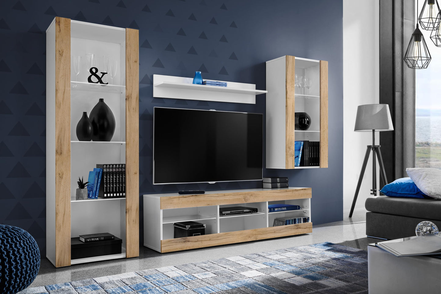 Komodee Tivoli Medio Wall Unit Living Room Set, Black/Black, Width 245 cm x Height 159 cm x Depth 35 cm, LED Blue, for Living Room, Bedroom