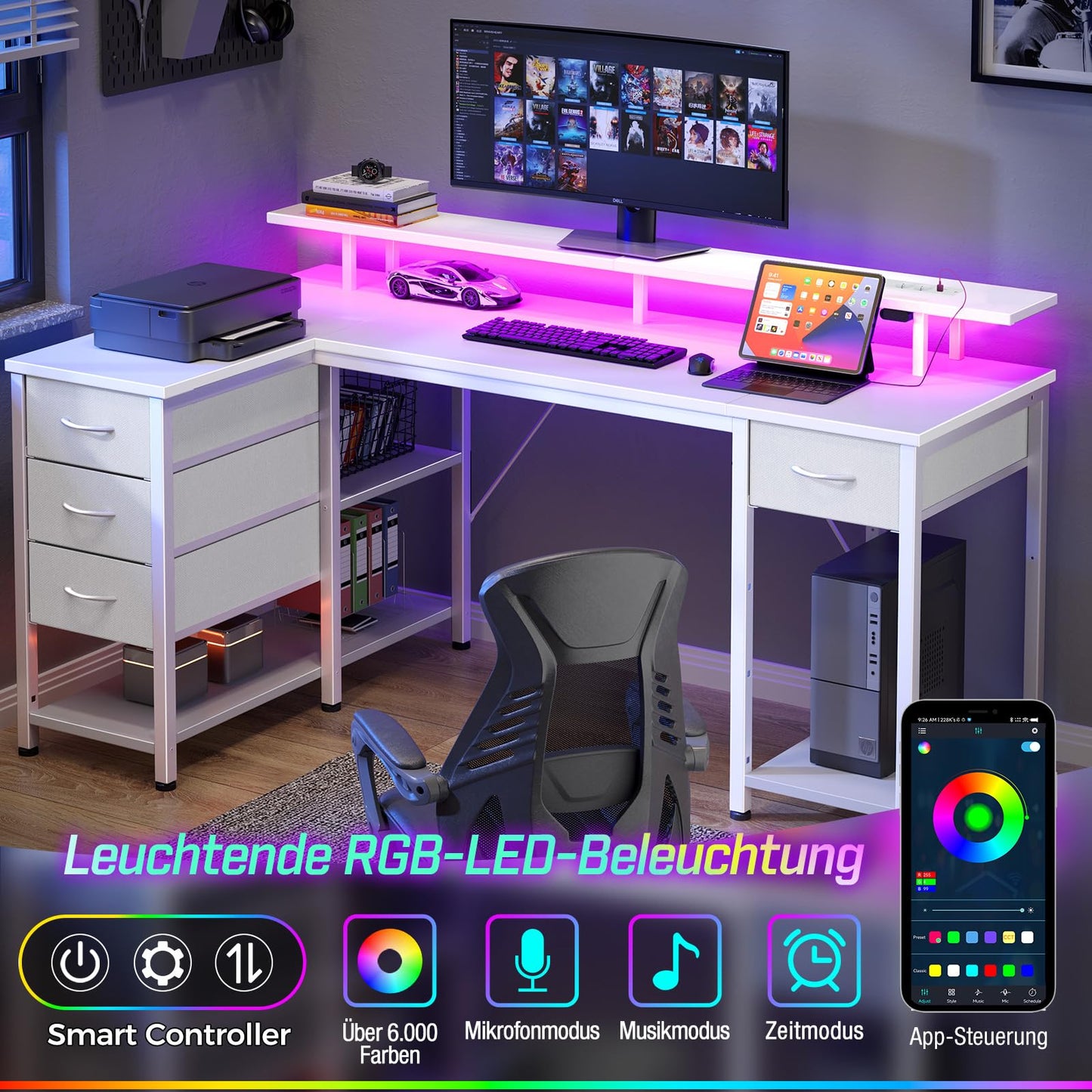 Seventable Computertisch L Form mit 4 Schubladen & Ablageflächen, Gaming Tisch mit LED & Steckdosen, Gaming Schreibtisch mit Monitorständer für Homeoffice, Schlafzimmer, Wohnzimmer (Weiß, 140 cm)