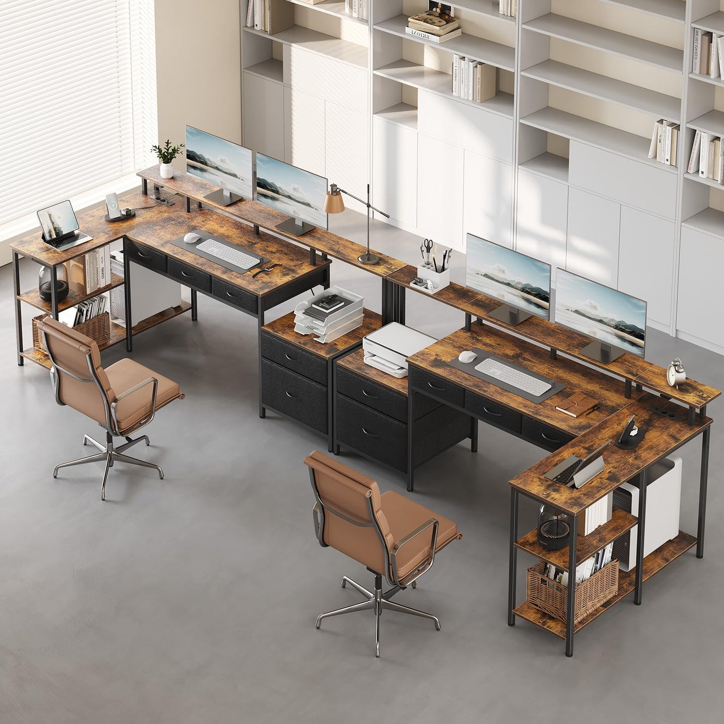 Seventable Schreibtisch L Form, Computertisch mit Steckdose, LED & Monitorständer, Reversibel Eckschreibtisch mit Schubladen, perfekt für Schlafzimmer Büro Wohnzimmer