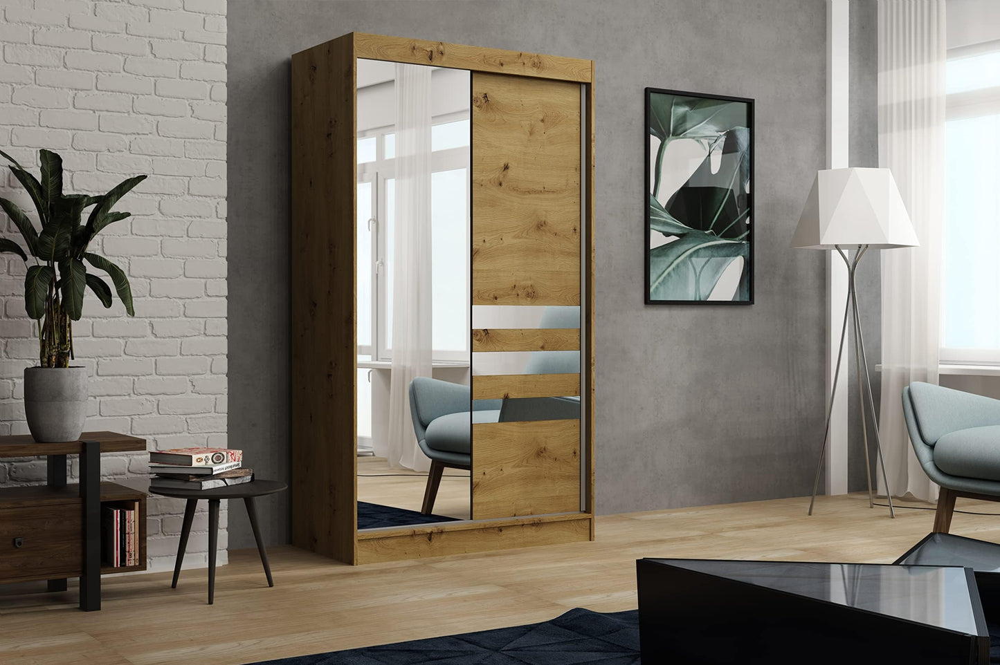 Brent - Kleiderschrank mit Spiegel Henry, 250cm Breit, Schlafzimmerschrank mit 1 Kleiderstange und Einlegeböden für Kleidung, Kleiderschrank Grau