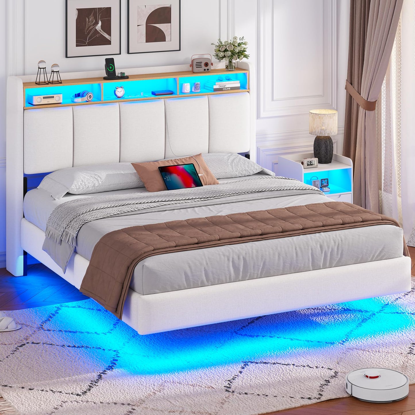 Brinlawb Upholstered Bed 140 x 200 cm Floating Bed with LED Lighting, Headboard and Charging Station (2 AC Sockets, 2 USB Ports), Bed 140 x 200 cm with Storage Space, Modern Double Bed with Slatted