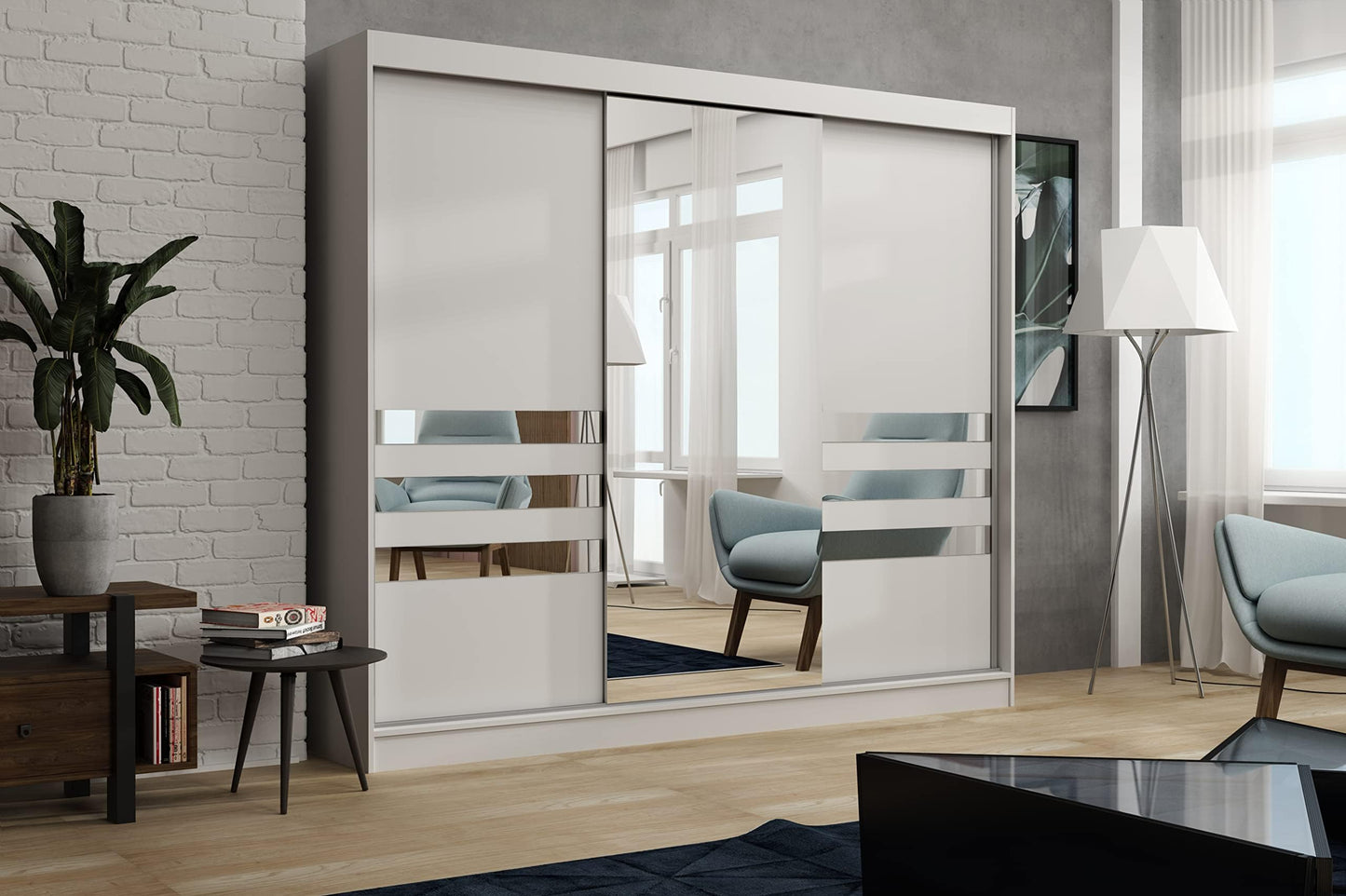 Brent - Kleiderschrank mit Spiegel Henry, 250cm Breit, Schlafzimmerschrank mit 1 Kleiderstange und Einlegeböden für Kleidung, Kleiderschrank Grau
