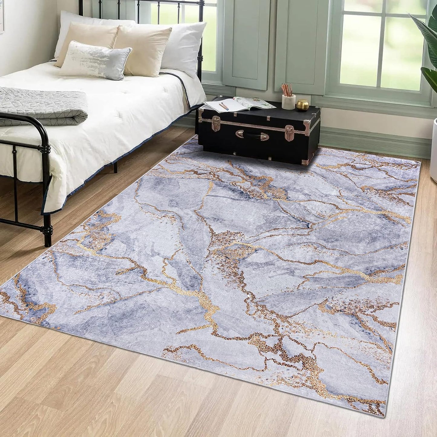 Mazovia Modern Teppich - Kurzflor Waschbar - Weich Teppich für Wohnzimmer, Schlafzimmer, Esszimmer – Teppiche Marmor Abstrakt Muster - Schwarz Gold 160 x 230 cm