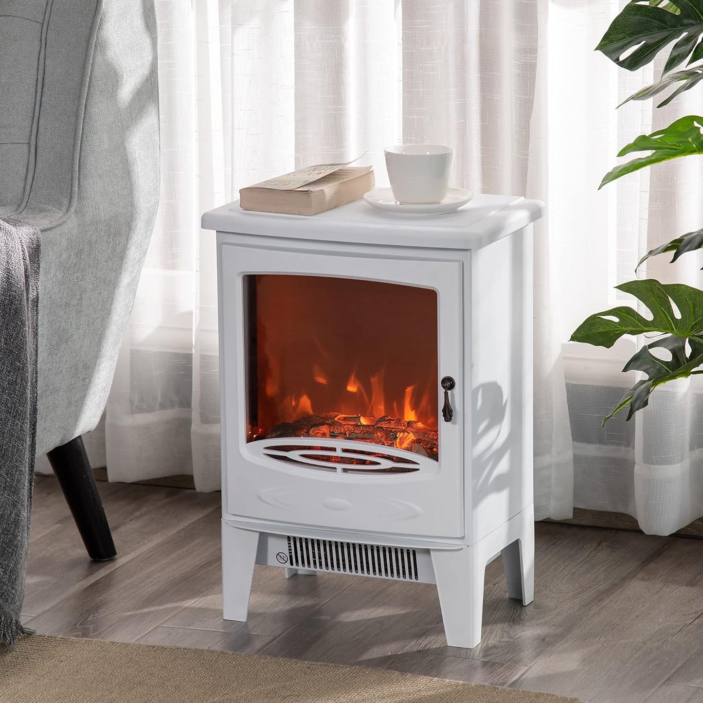 HOMCOM LED Electric Fireplace Standing Fireplace with Flame Effect 900/1800 W Metal ABS Plastic Glass White 39 x 26 x 54.8 cm