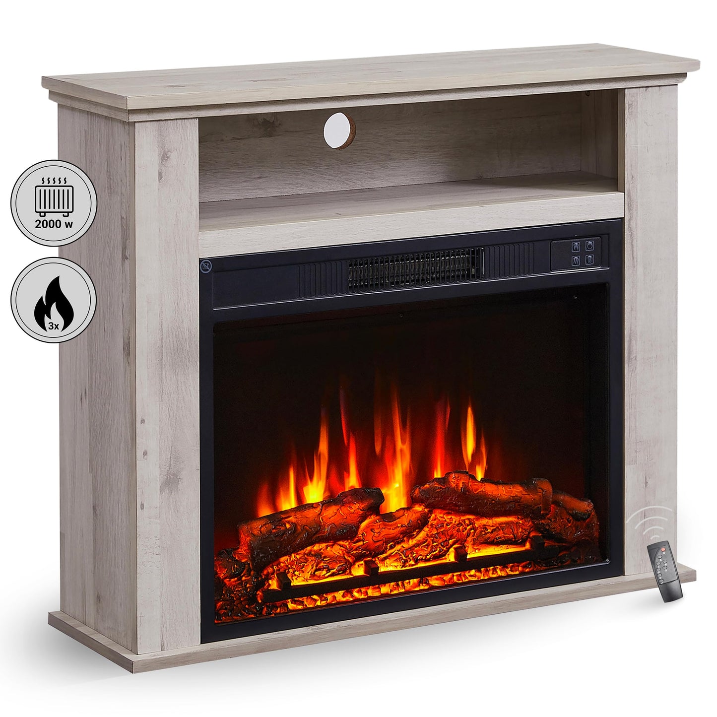 BALDERIA Elektrokamin Frida | Elektrischer Standkamin mit zusätzlichem Fach | 3D-Flammeneffekt | Elektro Heizung 2000W | Kamin mit Fernbedienung, Startsteuerung, Timer & Thermostat | Graue Eiche