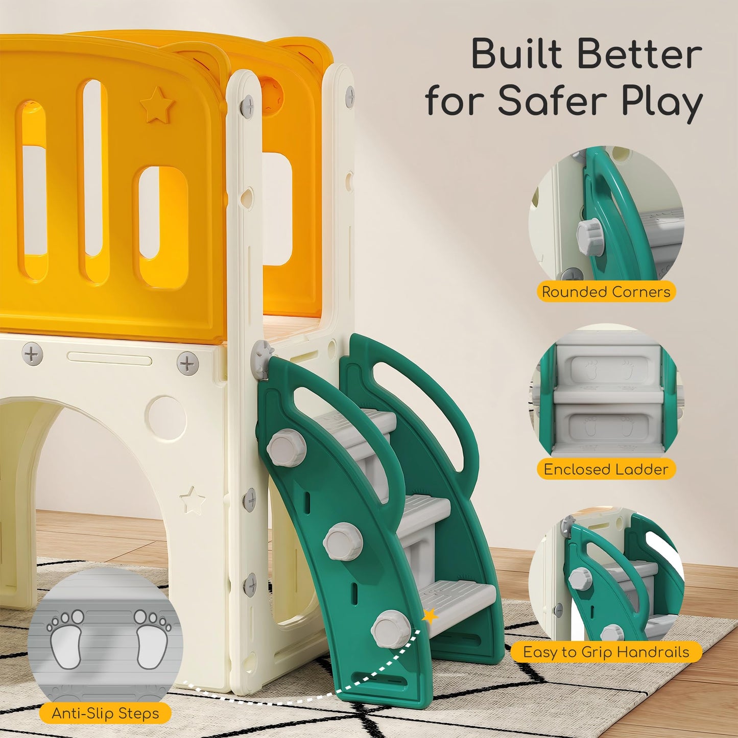hoopyosms Kinder Rutsche mit Kletterleiter, Tunnel, Basketballkorb & Teleskop, Indoor- und Outdoor-Montessori-Spielset zur Förderung von Motorik & Gleichgewicht für Kleinkinder, Gelb & Grün