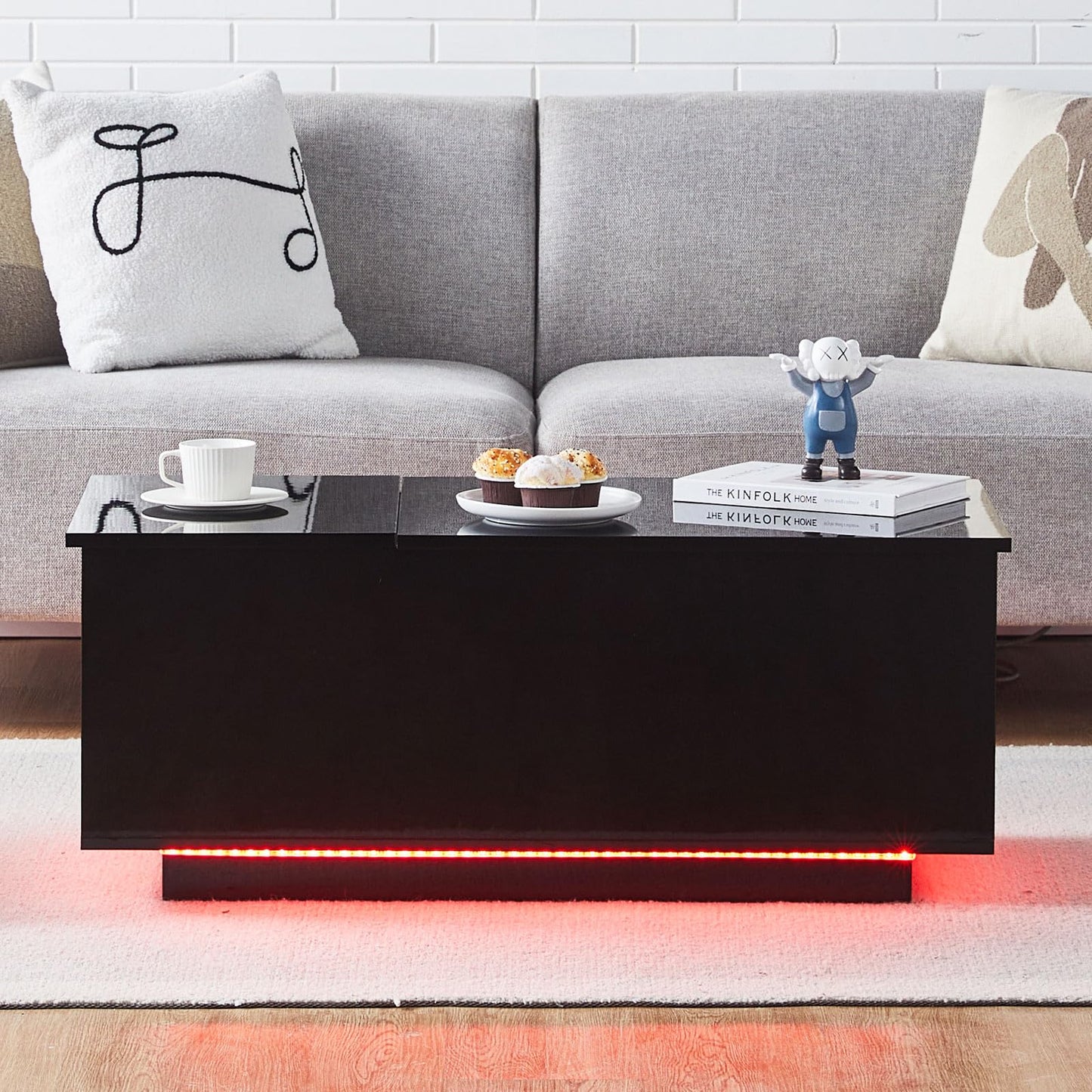 CLIPOP High Gloss Coffee Table, Height-Adjustable Living Room Table, with LED Lighting, Adjustable Light Colours, Socket and USB, Side Table with Hidden Storage Compartment, Black