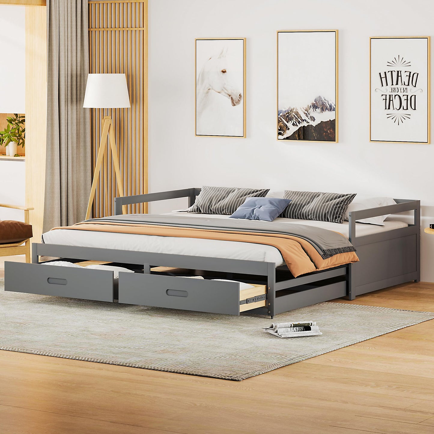 Merax Hausbett 90x200 cm mit 2 Schubladen, für 2 Kinder Doppelbett, Vielseitiges Holz Baumhausbett für Mädchen & Jungen, Stabil Spielbett Gitterbett mit Rausfallschutz und Lattenrost, Weiß