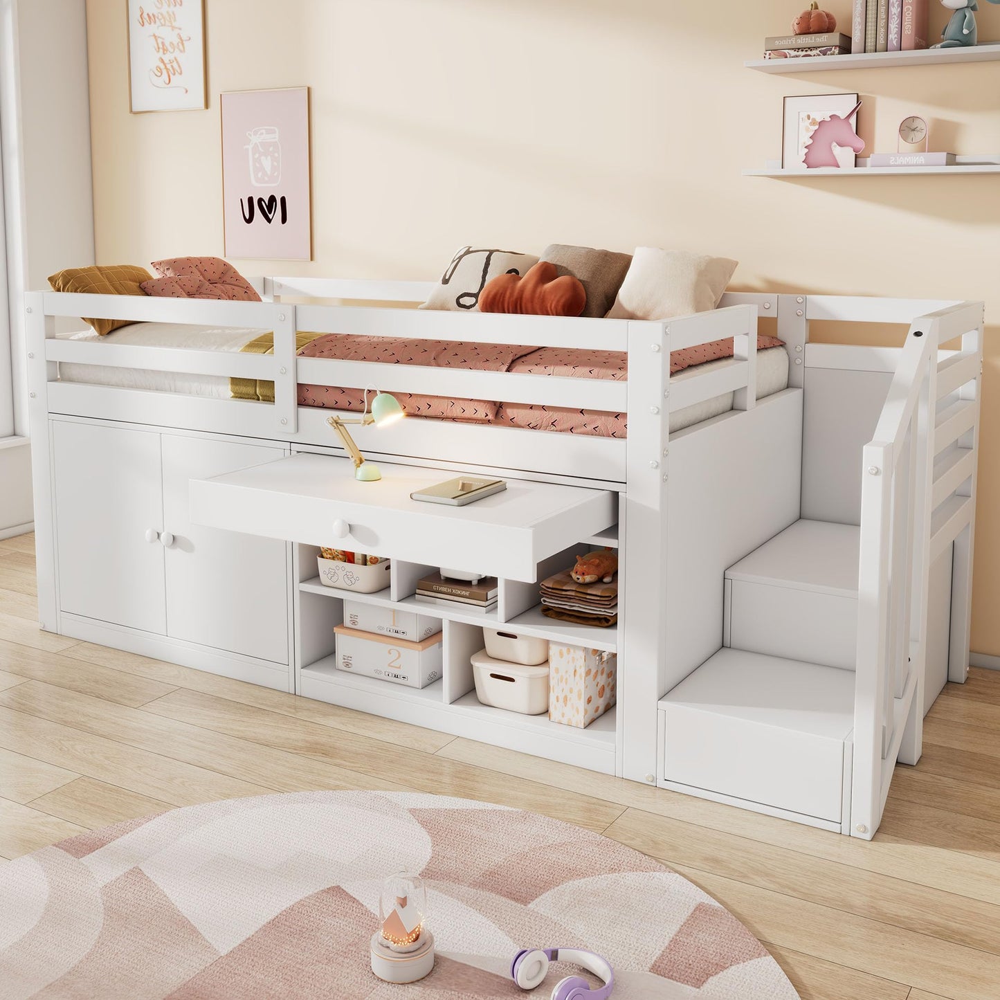 xixiworkshop Kinderbett 90x200cm Ausziehbett Bett mit Stauraum und USB-Steckdose/Mehreren Ablagefächern multifunktionales Jugendbett/Gästebett/Doppelbett mit Stauschrank Lattenrost,Ohne Matratze,Grau
