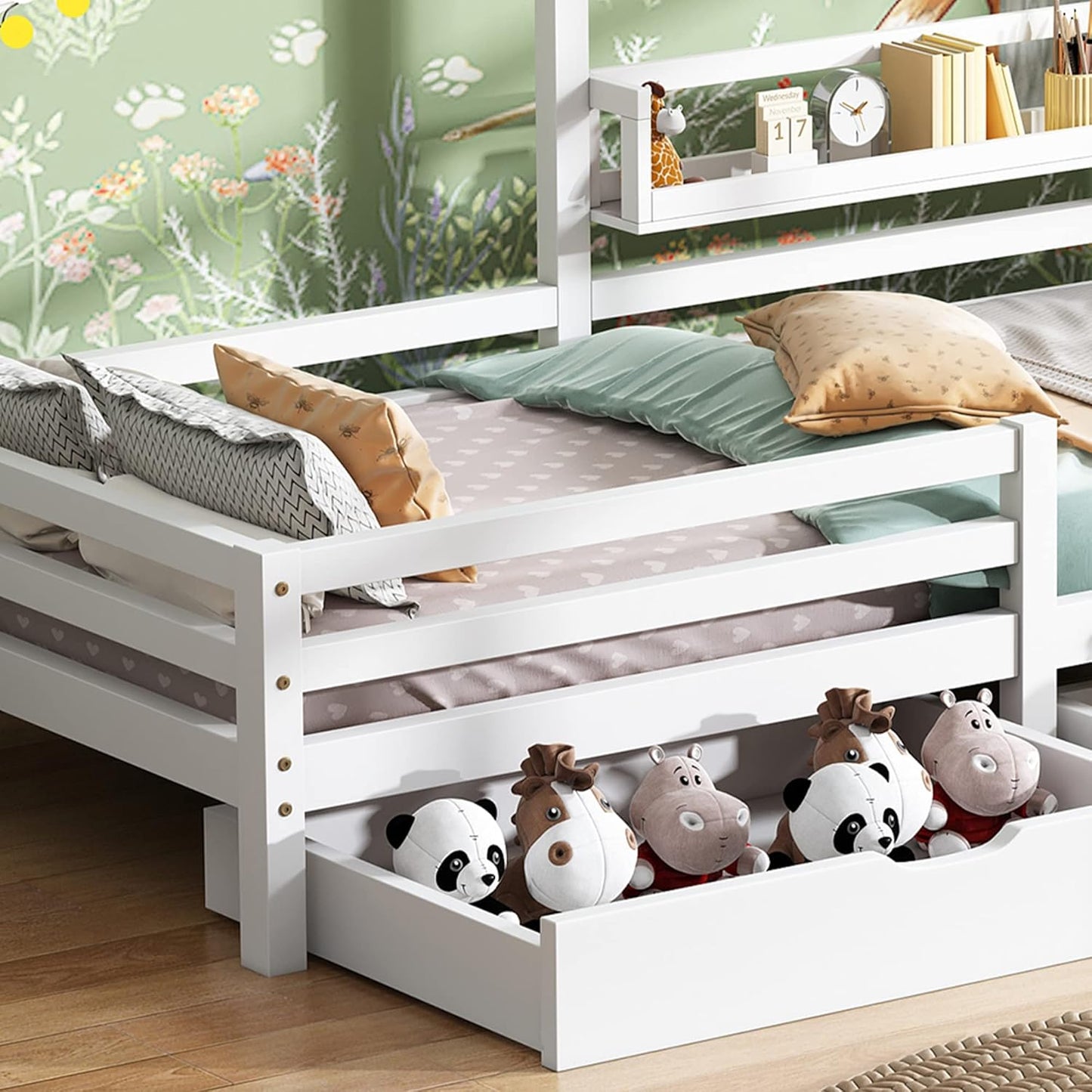 Merax Children's Bed 90 x 200 cm with Fall Protection, Children's House Bed with Drawers and Storage Shelf, Sturdy Wooden Tree House Bed with Slatted Frame, Play Bed for Boys and Girls, White