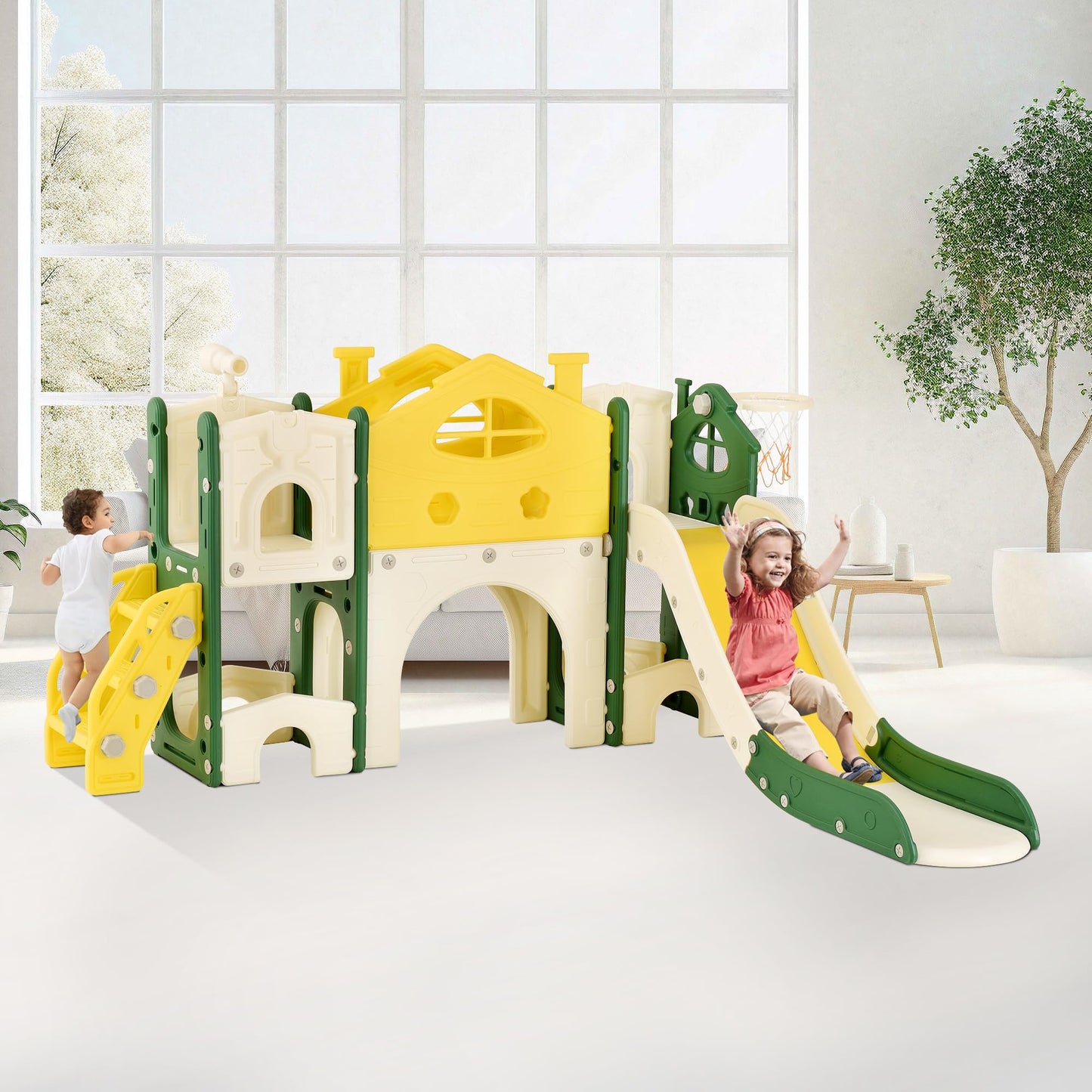 BestAlice 4 in 1 Kinderrutsche Set für Outdoor und Innen, Spielplatz mit Schaukel, Basketballkorb, Kletterleiter, Indoor- und Outdoor-Spielset, 18 Monate + (Blau)