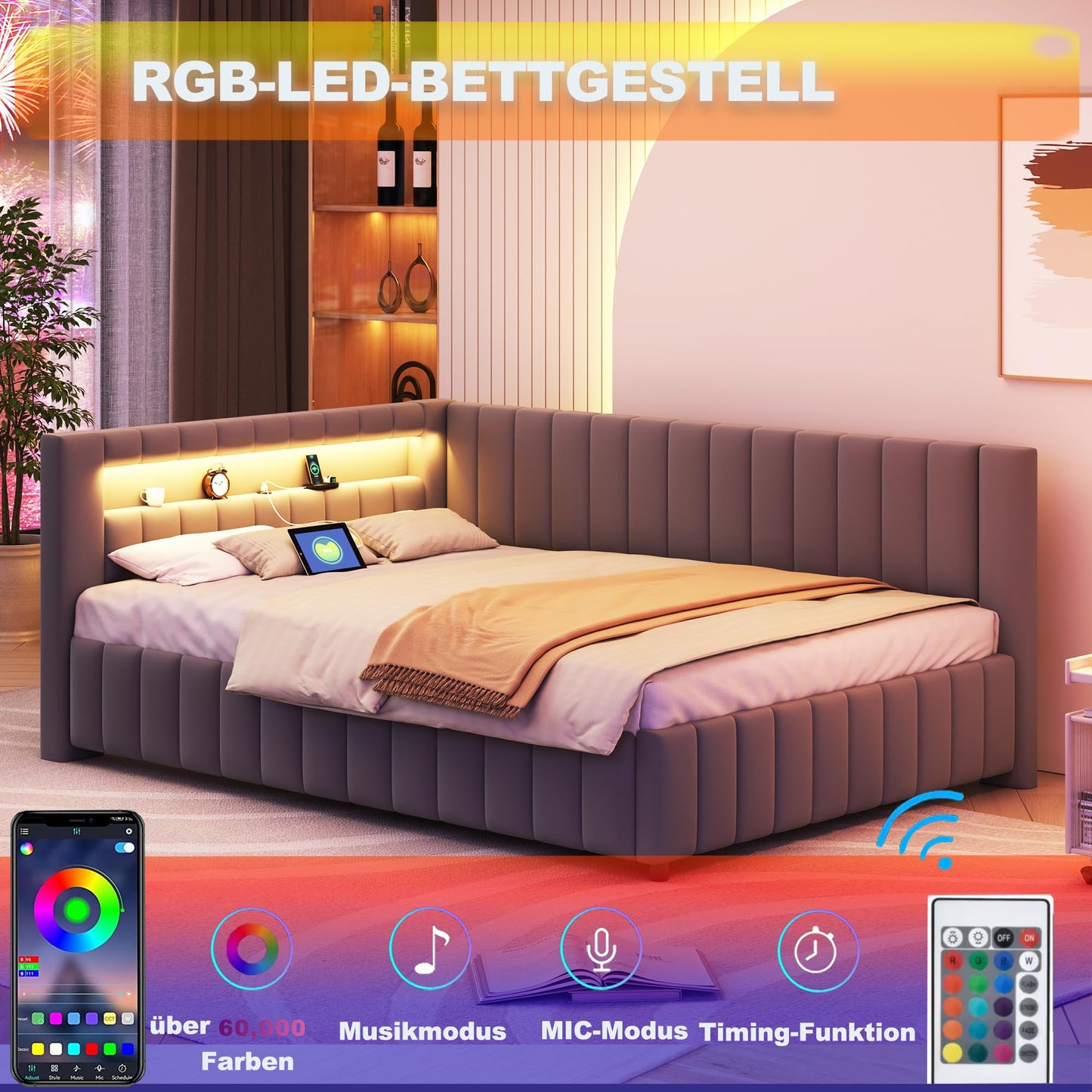 KEYIDE Upholstered Sofa Bed, 140 x 200 cm with LED Lighting and USB Charging, Bed Frame with Wooden Slatted Frame, Day Bed, Guest Bed, Youth Bed, Velvet Fabric, Without Mattress (Grey, 140 x 200)