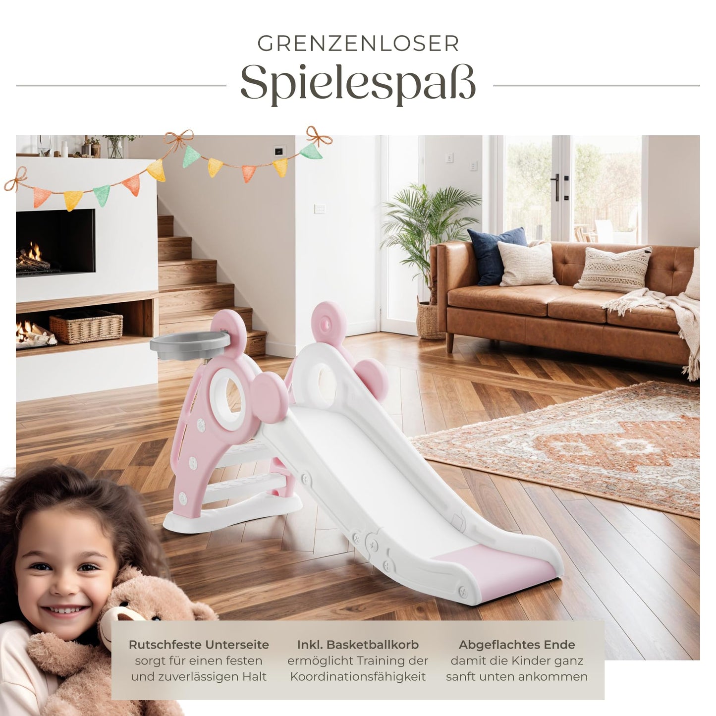 tectake® Rutsche mit Basketballkorb, Kinderrutsche, Baby Rutsche klappbar, für Kinder ab 2 Jahre, Spielgeräte zum Klettern und Bewegung Kinder Indoor und Outdoor Spielzeug, Indoor Spielplatz - pink