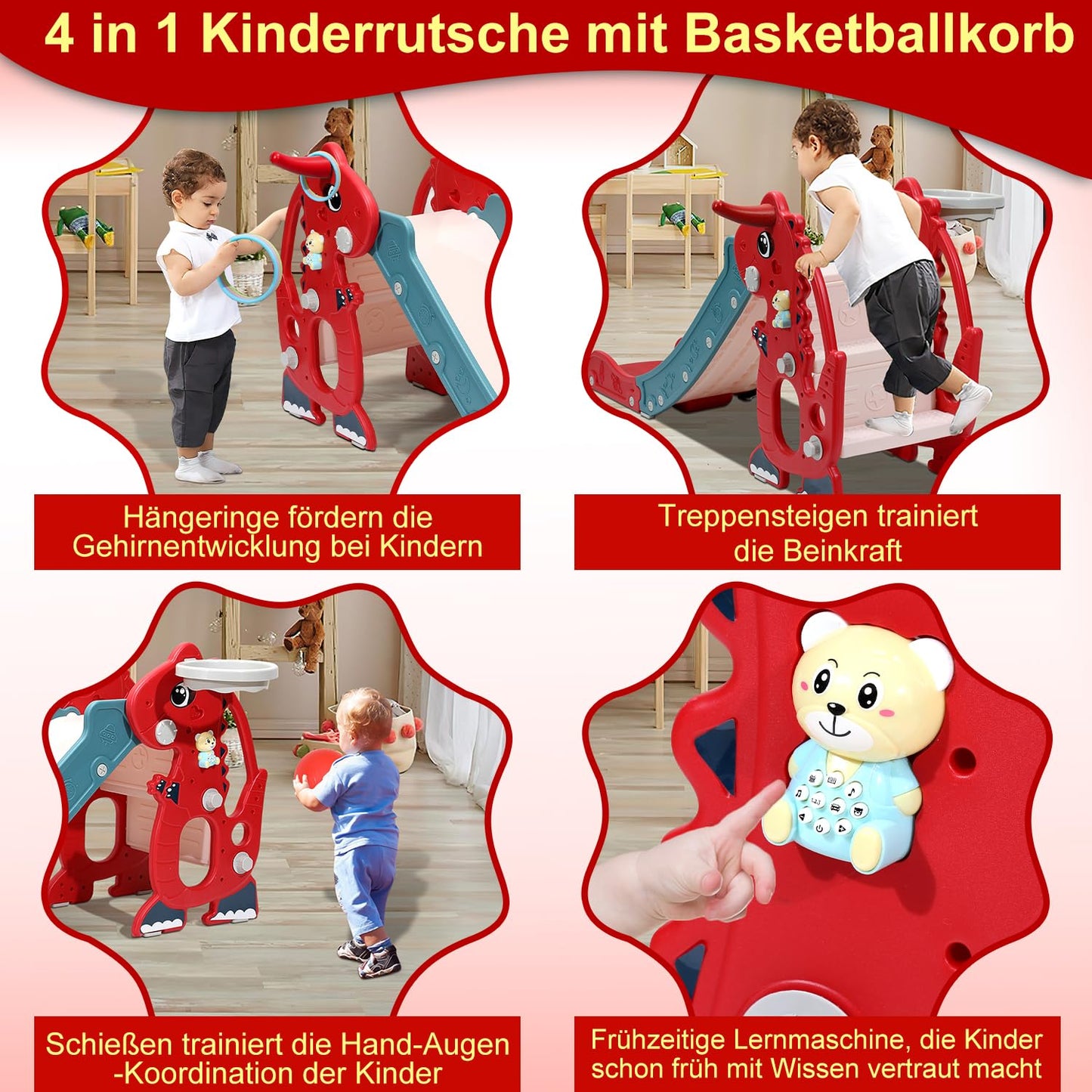 Joparri Children's Slide Foldable Children's Slide Stable Garden Slide with Basketball Hoop and Armrests, Children's Fun Slide with English Early Education Device, Indoor and Outdoor Toddler Slide,