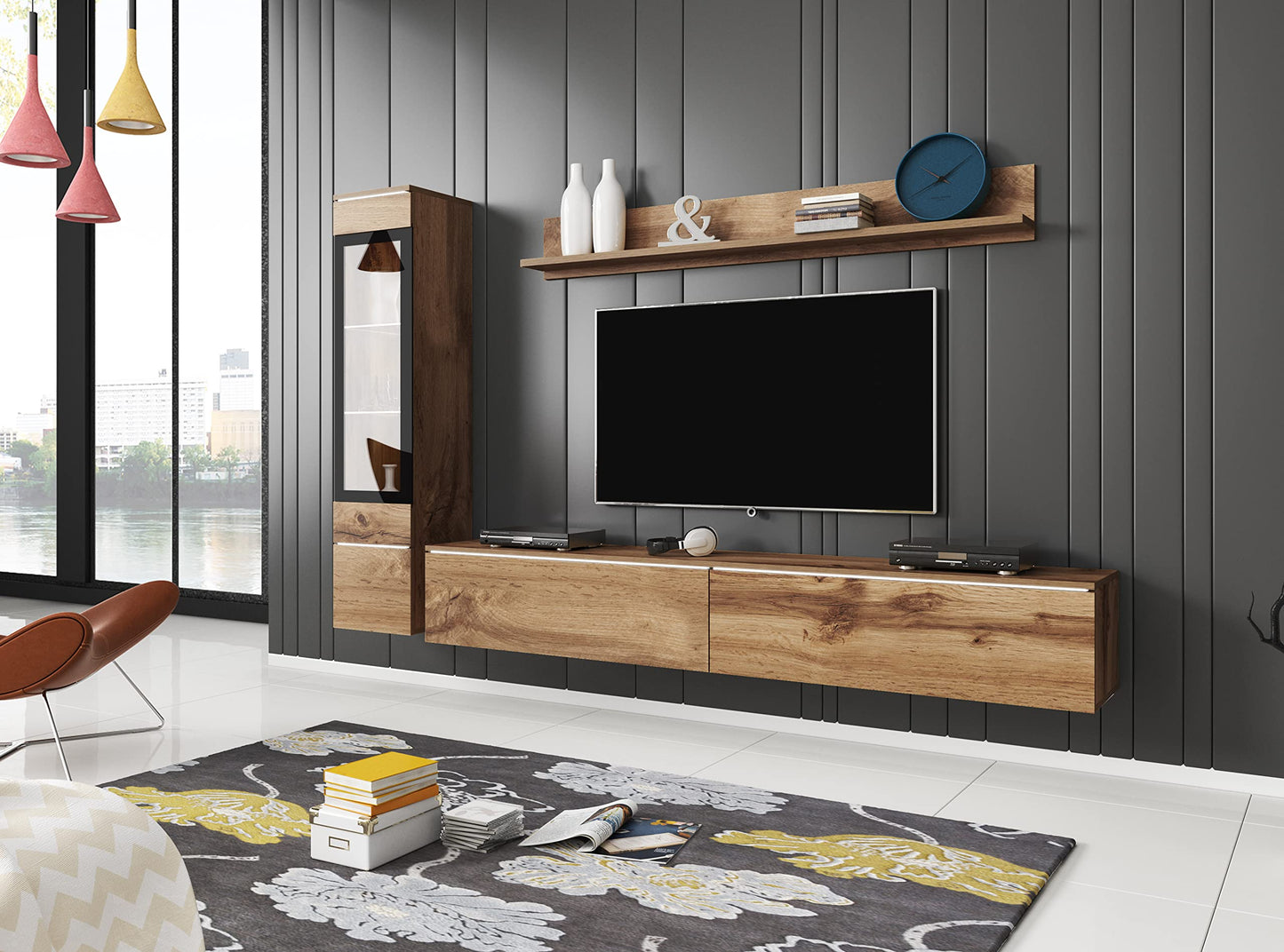 MINIO go for it Veve 2, 4-Piece Wall Unit Set, Hanging or Standing, 2 x Tall Cabinet Display Cabinets, Lowboard, Wall Board, Laminated Clamping Plate, Wotan Oak and Black Gloss, without Lighting