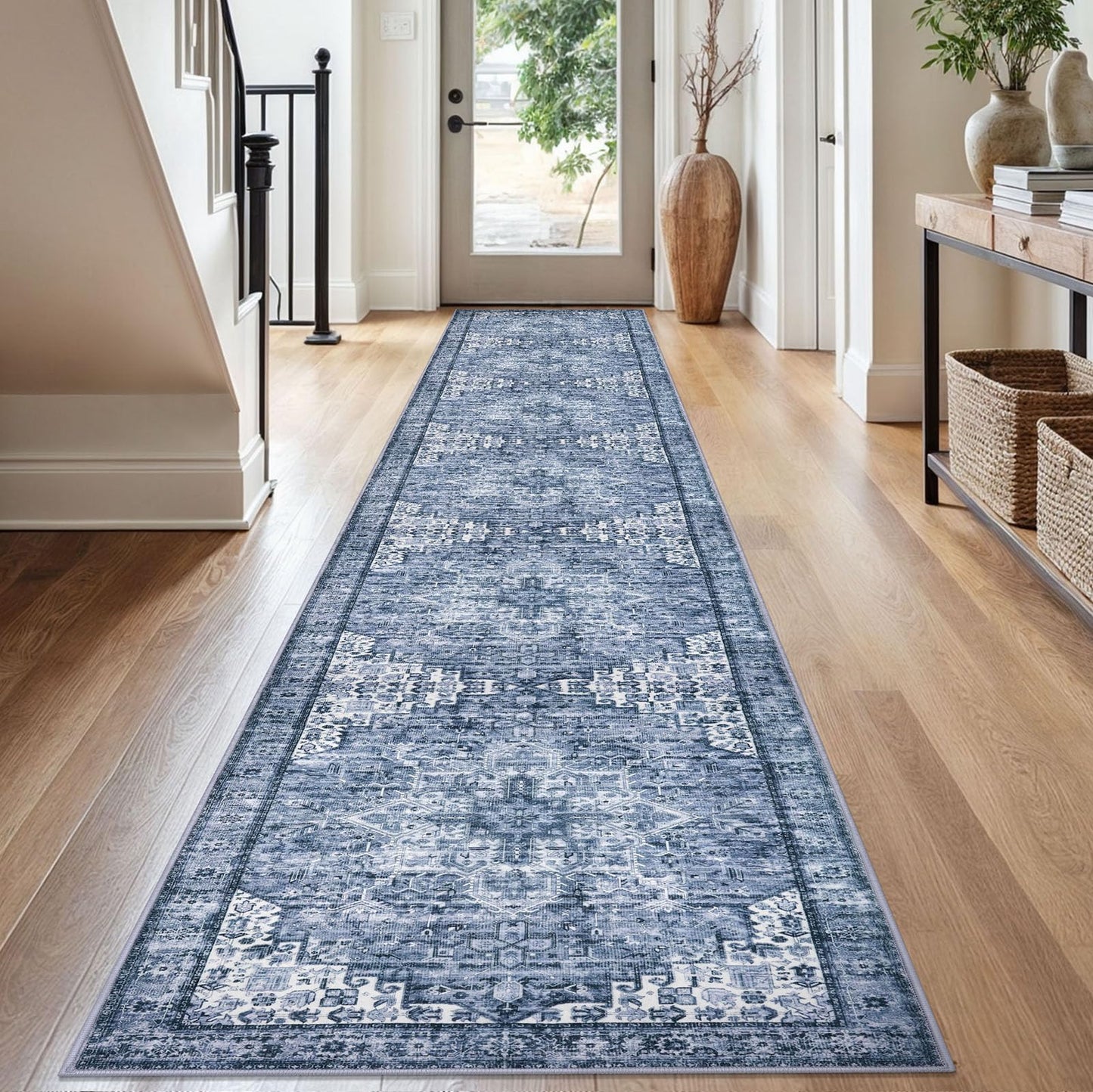 2x3 Blue Washable Rug for Entrance, Soft Traditional Area Rug, Non-Slip Printed Kitchen Rugs, Low-Pile Medallion Indoor Door Mat, Small Farmhouse Carpet for Entryway Kitchen Foyer Bedside