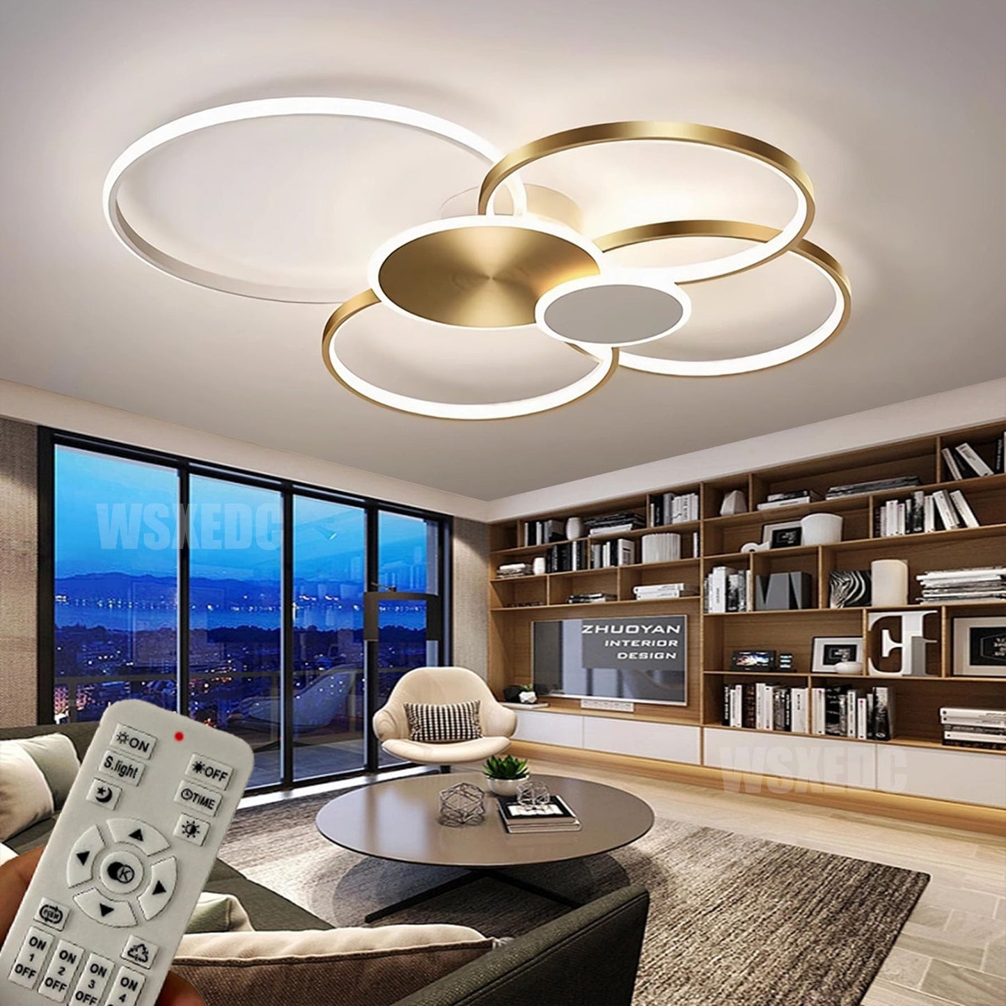 Dimmbare LED 6 Ring Wohnzimmerleuchte LED-Deckenleuchte moderne kreative Deckenbeleuchtung Innenbeleuchtung für die Augenpflege Für Schlafzimmer Büro Esszimmer Jugendzimmer (Weiß, L80cm 71W)