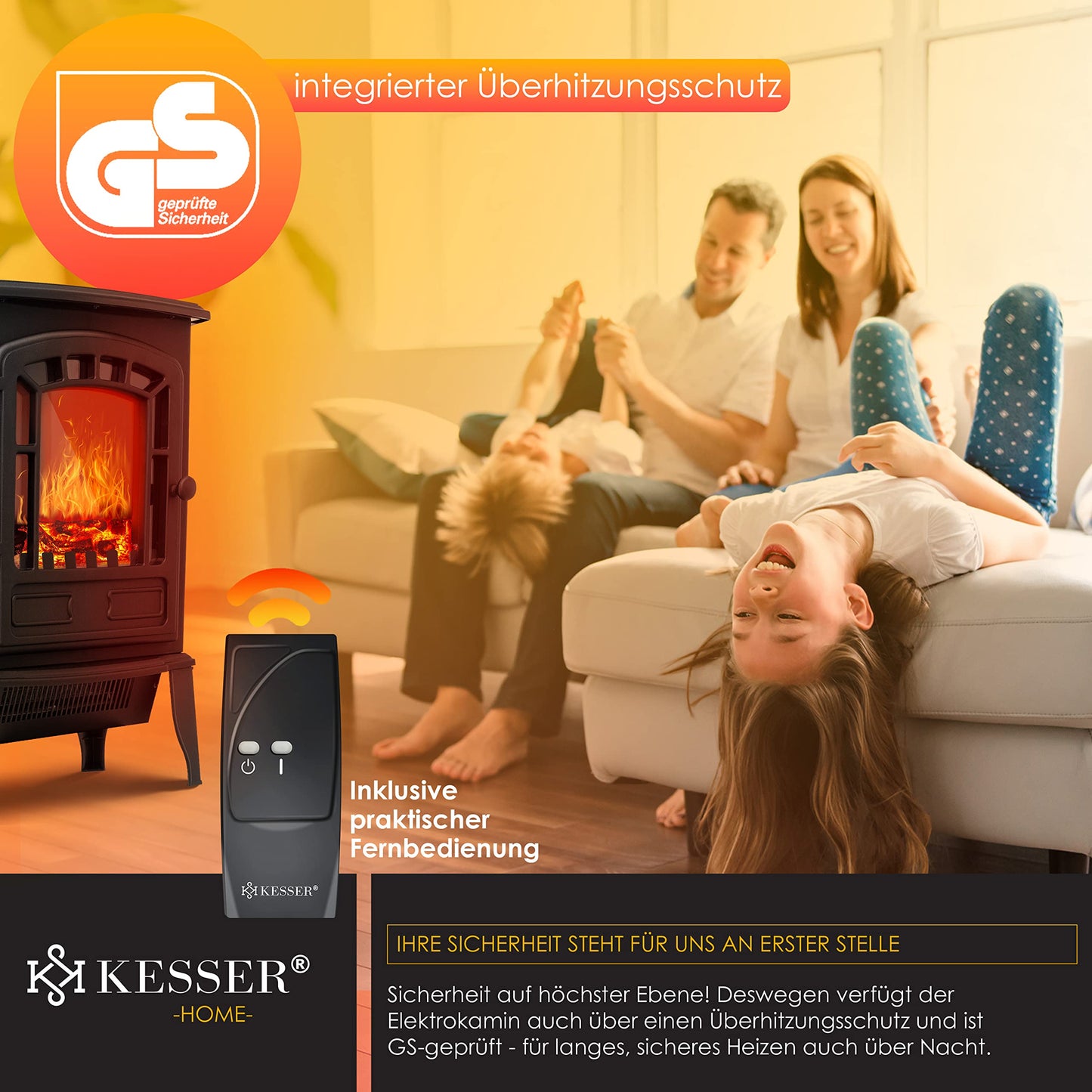 KESSER® Elektrokamin mit Heizlüfter & Fernbedienung 2000W Elektro Kamin Elektrischer Heizung LED Kaminfeuer Effekt Kaminofen Flammeneffekt Heizer Ofen geräuscharm regelbar Grau